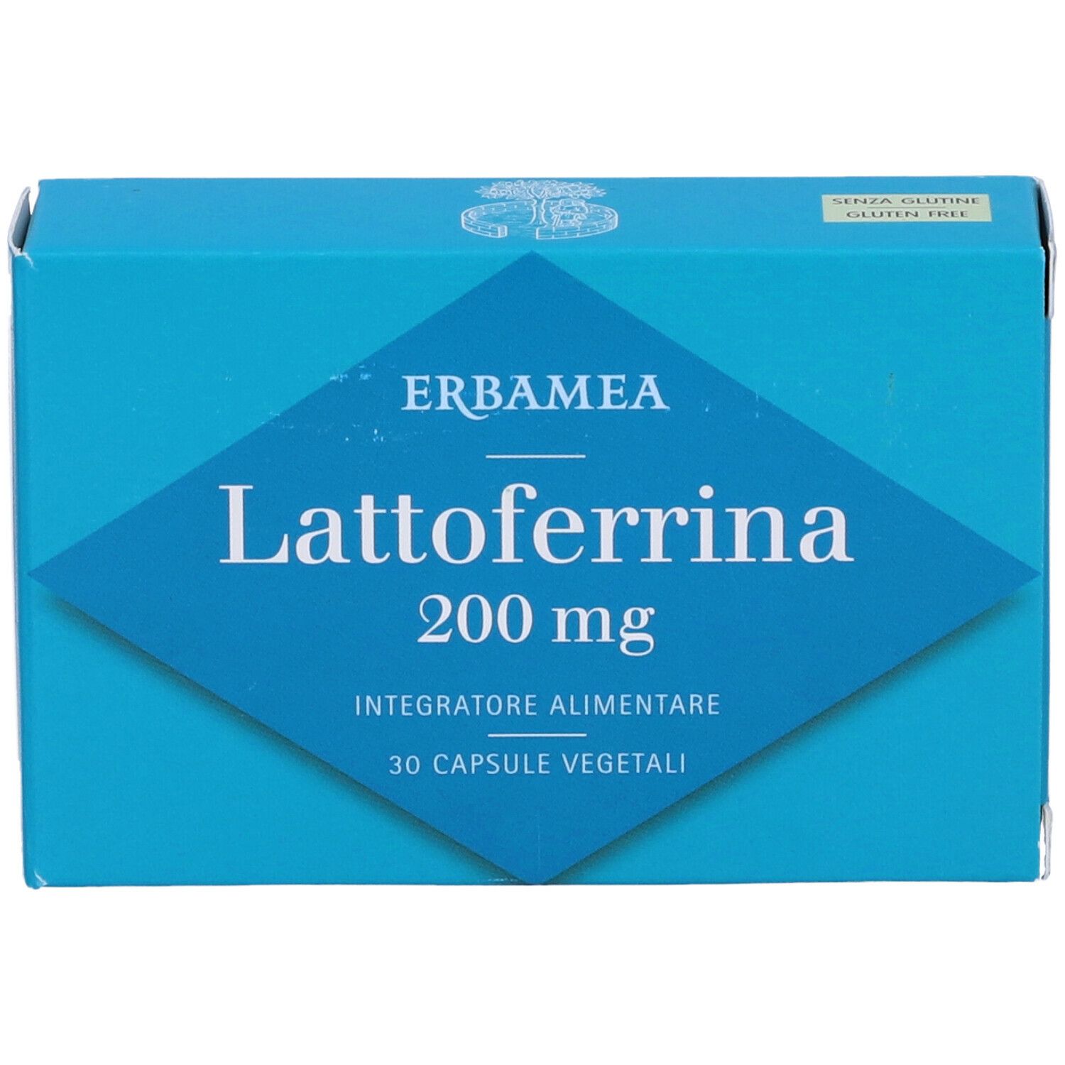 Scatola turchese con testo bianco. Scritto: Lattoferrina 200 mg, 30 capsule. Marchio: Erbamea. Integratore alimentare.