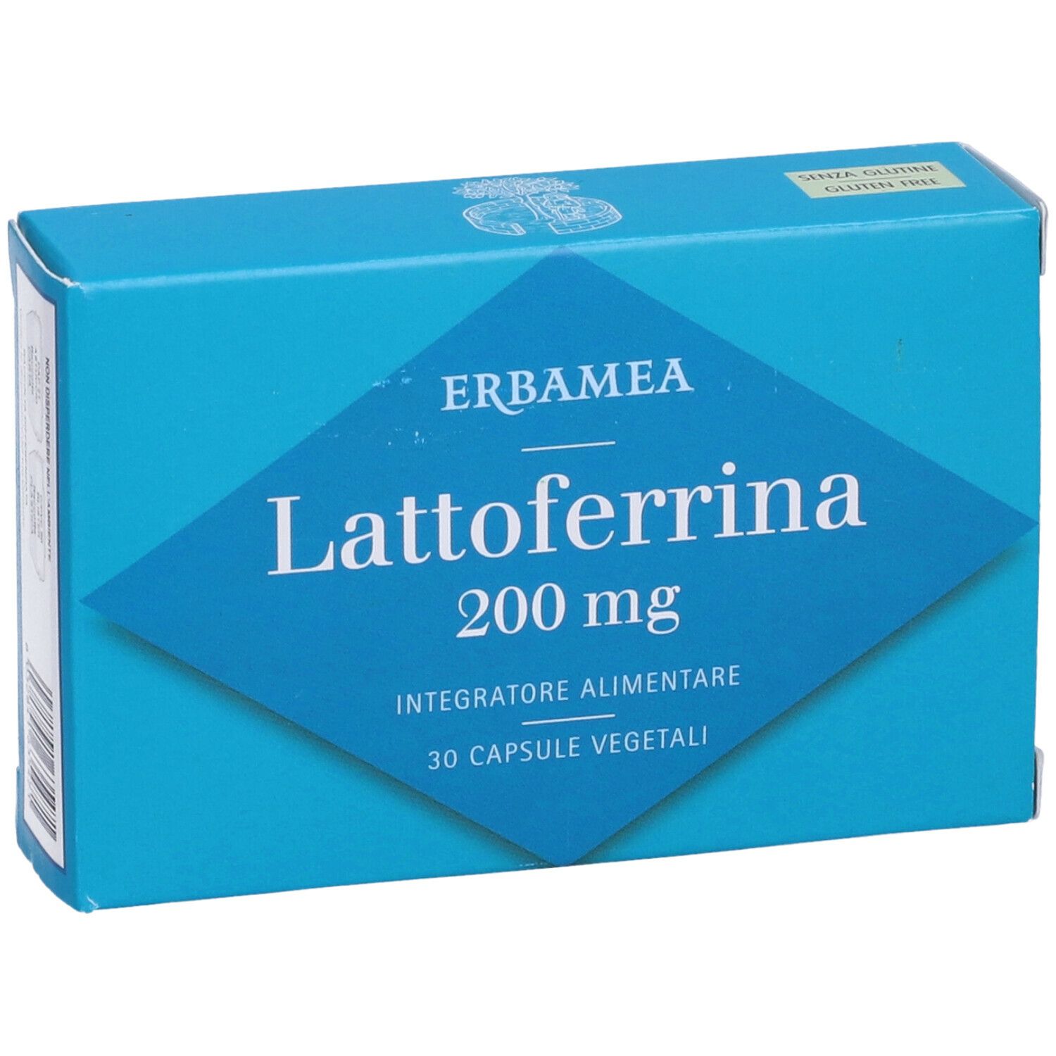 Scatola turchese con testo bianco. Scritto: Lattoferrina 200 mg, 30 capsule. Marchio: Erbamea. Integratore alimentare.