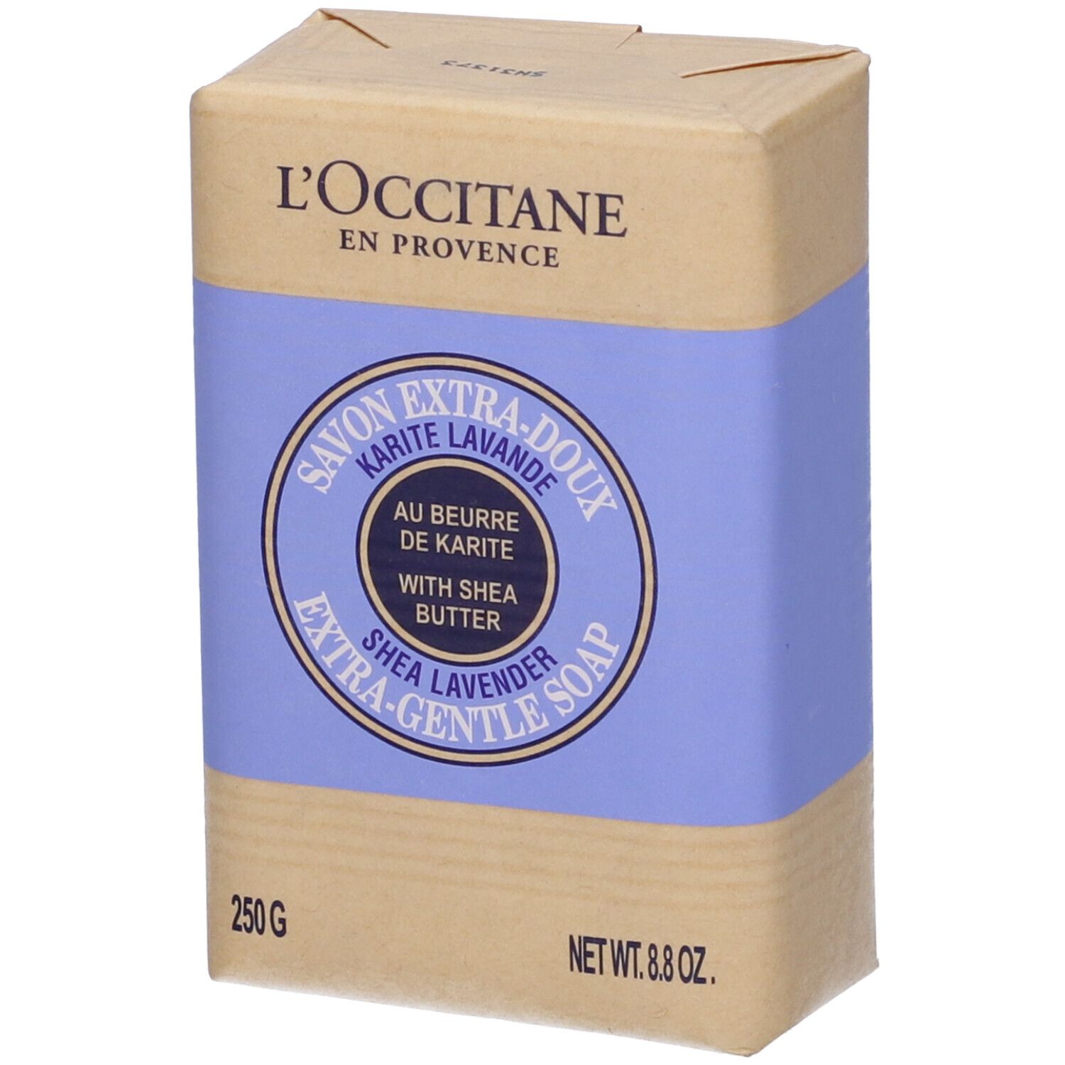 Confezione di sapone. Scritta: L'Occitane, Savon Extra-Doux Karité Lavande, con burro di karité. 250g, Net Wt. 8.8 oz.