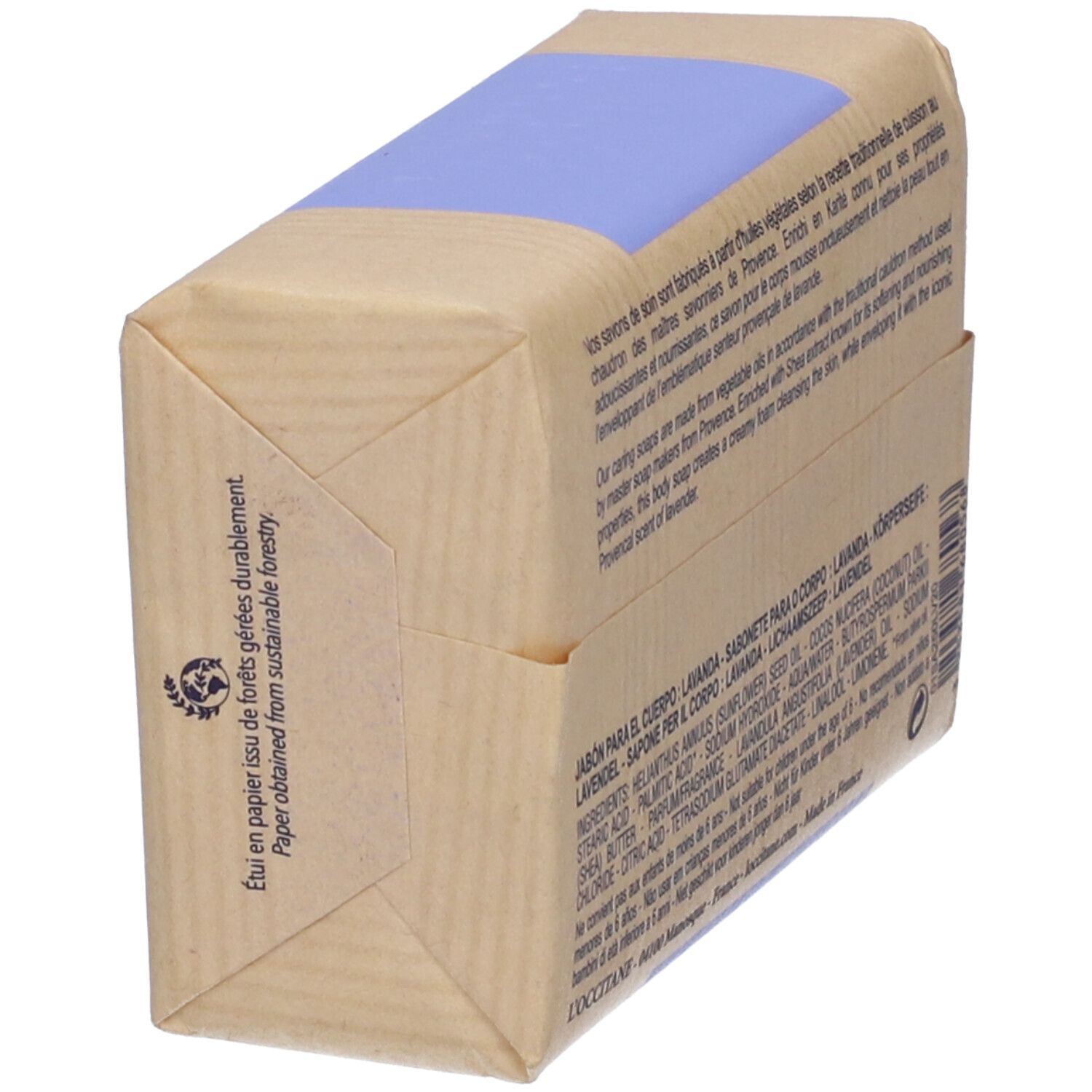 Confezione di sapone. Scritta: L'Occitane, Savon Extra-Doux Karité Lavande. Carta da foreste gestite in modo sostenibile.