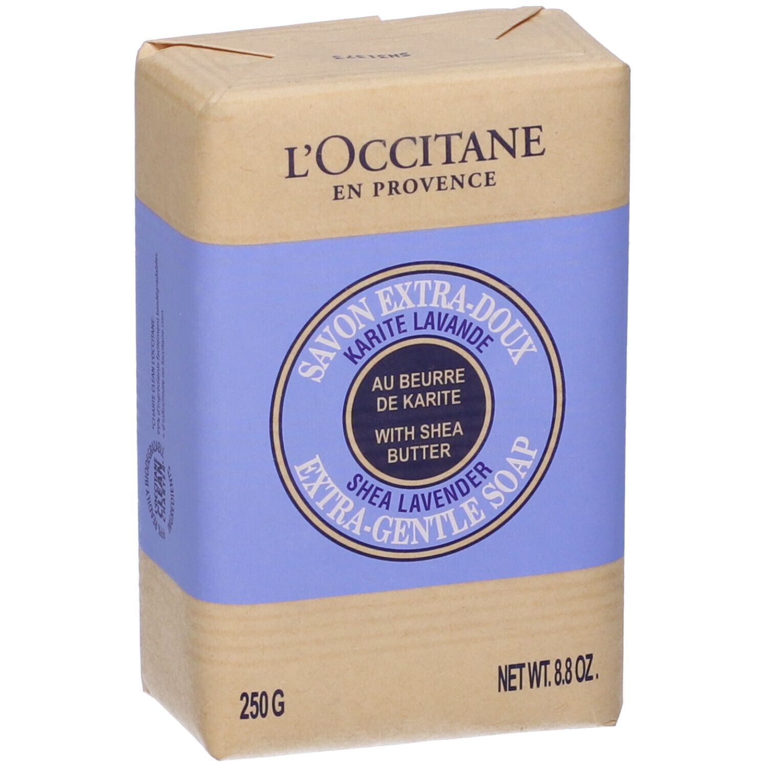Confezione di sapone. Scritta: L'Occitane, Savon Extra-Doux Karité Lavande, con burro di karité. 250g, Net Wt. 8.8 oz.