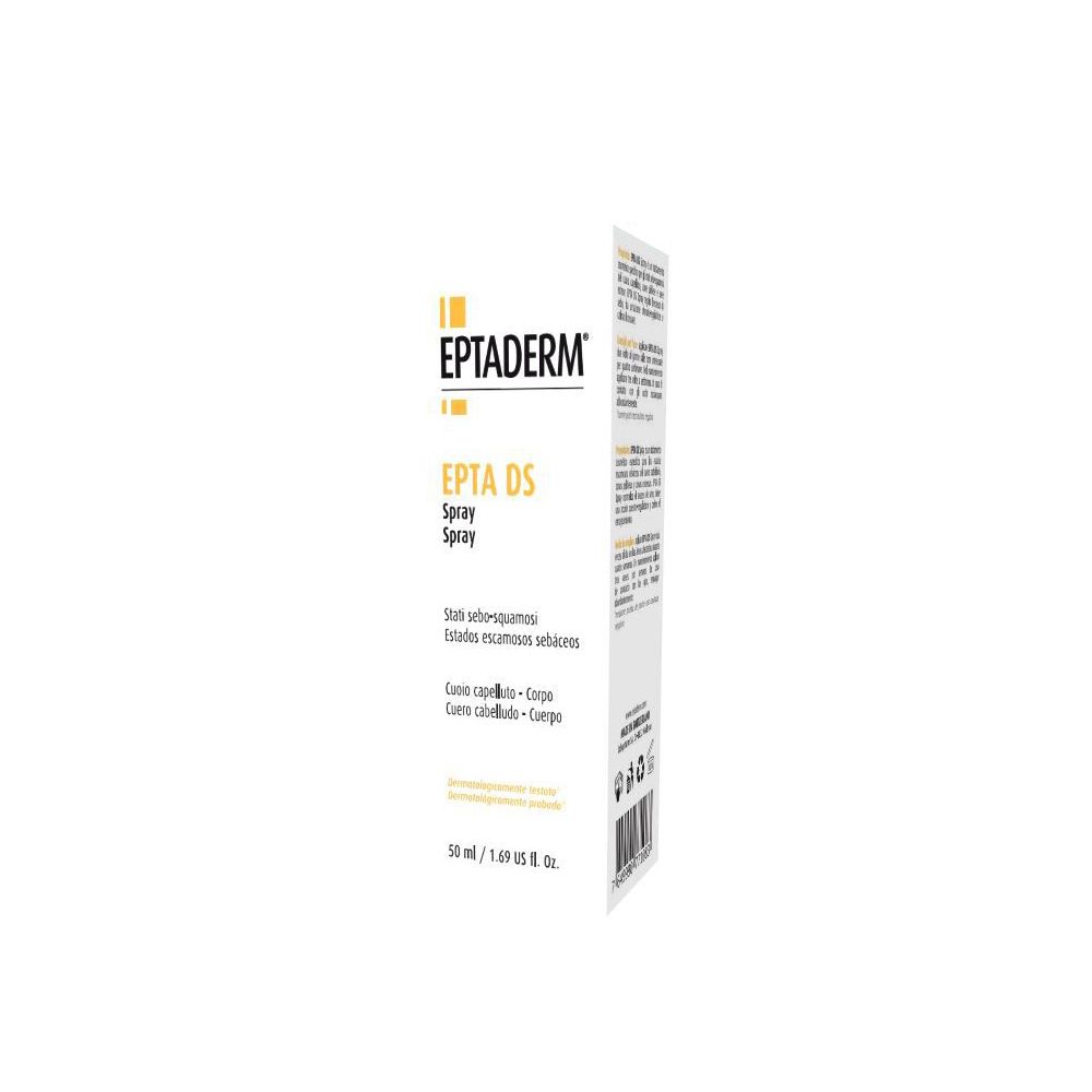 Eptaderm DS Spray. Confezione bianca con informazioni. Testo: EPTADERM, EPTA DS Spray, per cute e corpo.