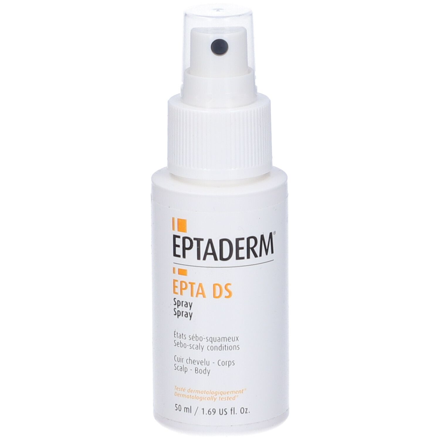 Flacone spray bianco Eptaderm DS. Testo: EPTADERM, EPTA DS Spray, per cute e corpo. Con erogatore spray.