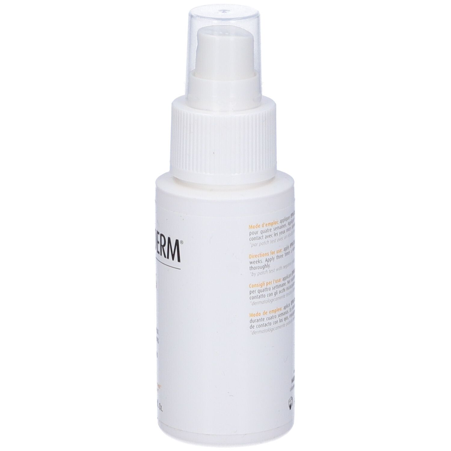 Retro del flacone spray bianco. Testo: Istruzioni per l'uso multilingue. Prodotto in Svizzera.
