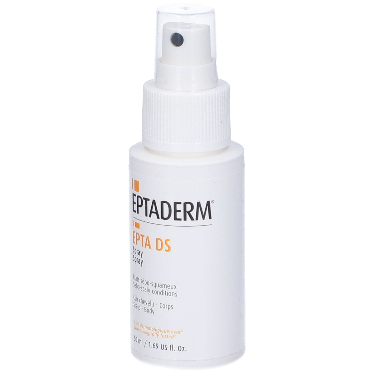 Flacone spray bianco Eptaderm DS. Testo: EPTADERM, EPTA DS Spray, per cute e corpo. Con erogatore spray.