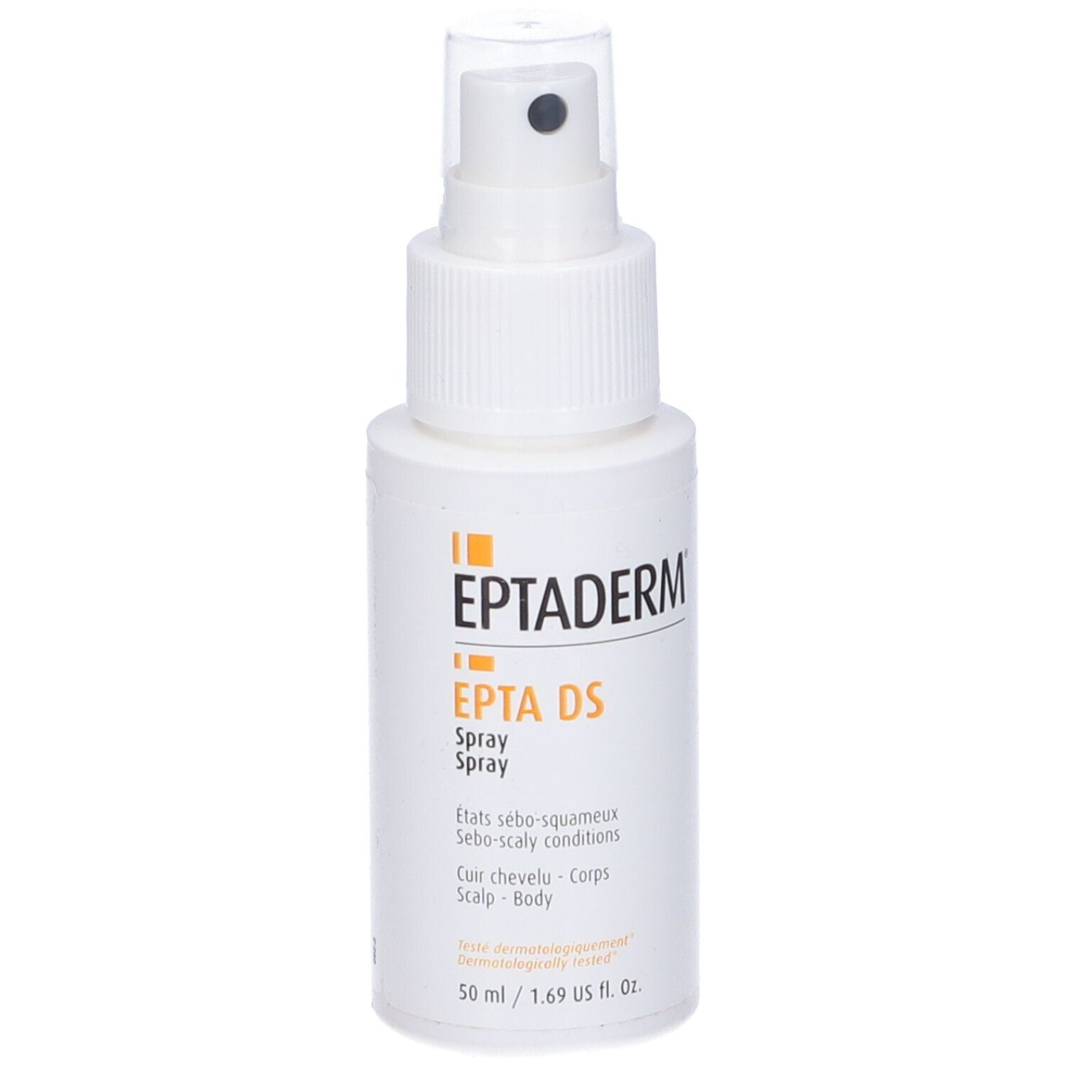 Flacone spray bianco Eptaderm DS. Testo: EPTADERM, EPTA DS Spray, per cute e corpo. Con erogatore spray.