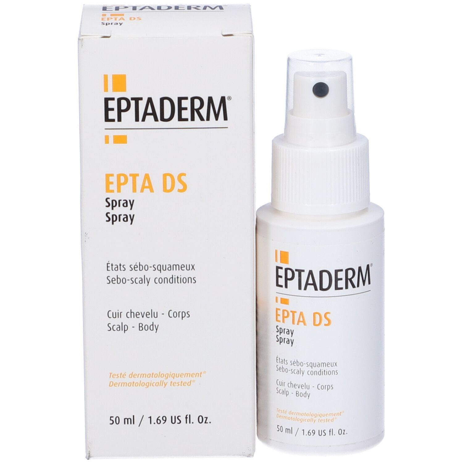 Eptaderm DS Spray e confezione. Testo: EPTADERM, EPTA DS Spray, per cute e corpo. Dermatologicamente testato.
