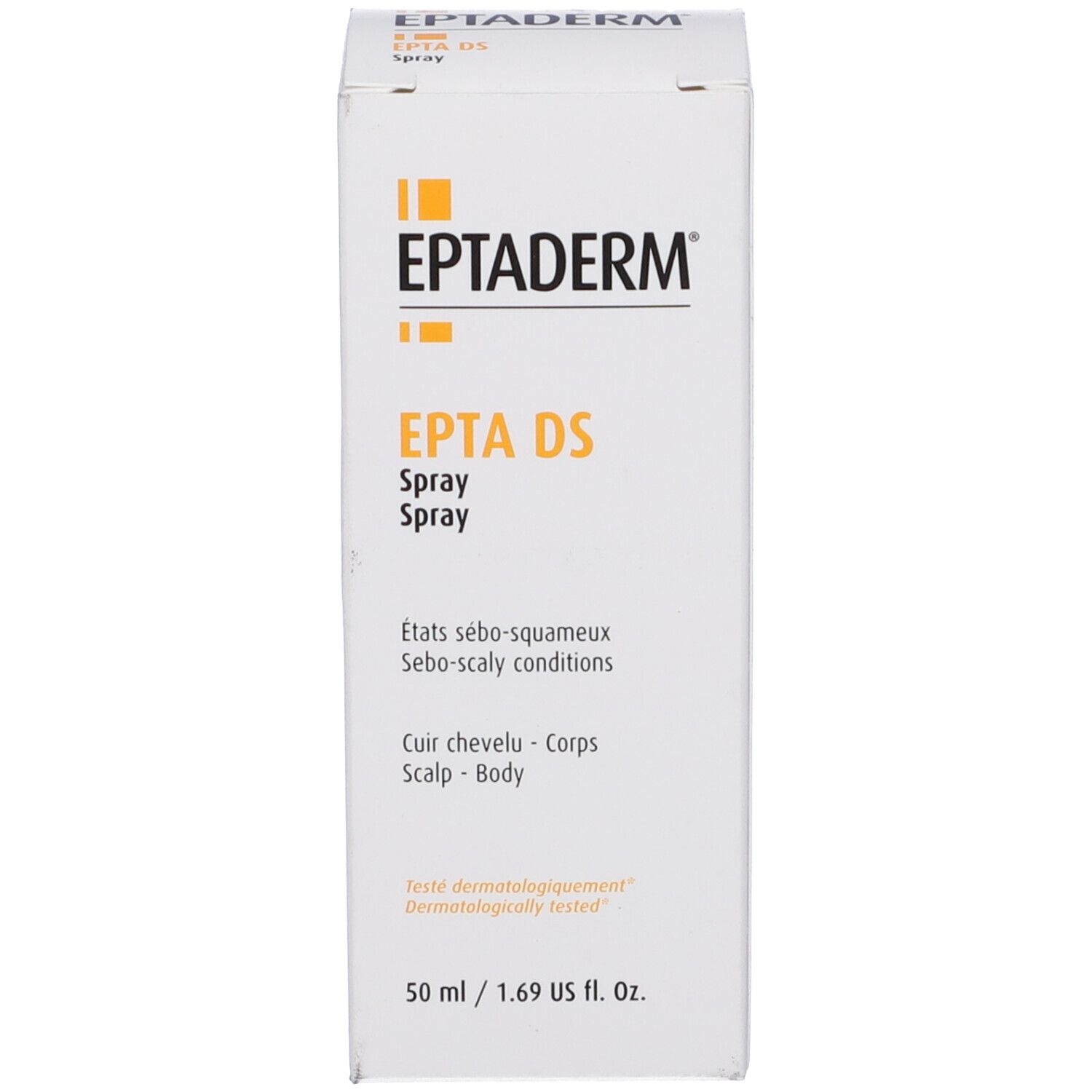 Confezione Eptaderm DS Spray. Testo: EPTADERM, EPTA DS Spray, per cute e corpo. Dermatologicamente testato.