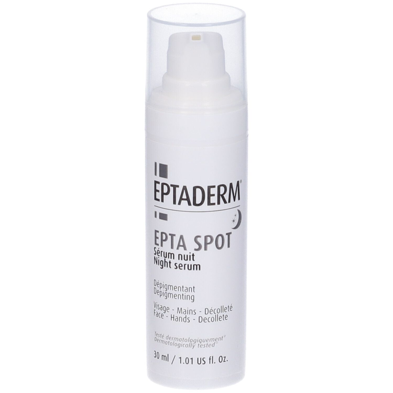 Weiße Flasche mit Pumpe und durchsichtiger Kappe. Text: Eptaderm, Epta Spot, Serum nuit, Depigmentant. 30 ml.