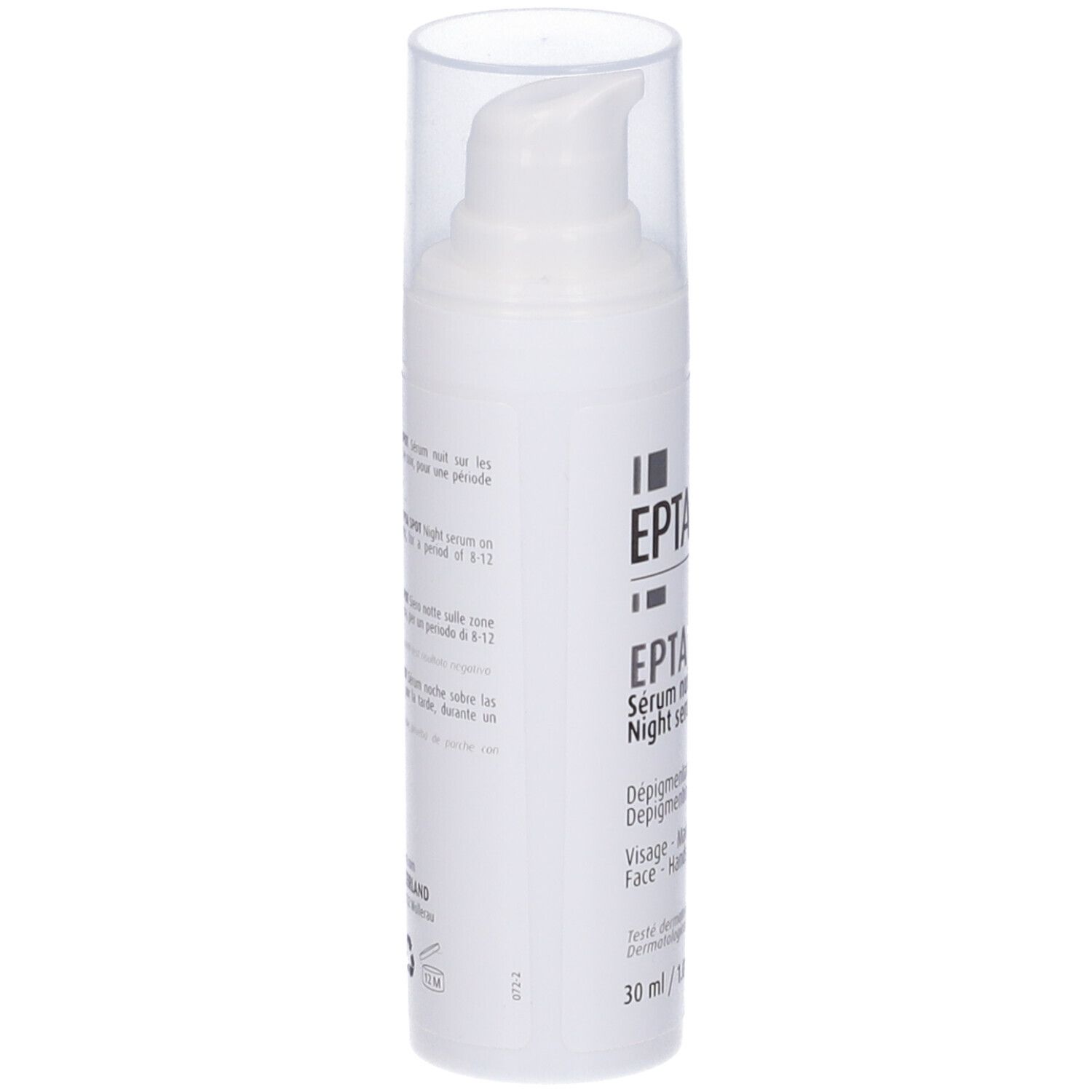 Weiße Flasche mit Pumpe und durchsichtiger Kappe. Text: Eptaderm, Epta Spot, Serum nuit, Depigmentant. 30 ml.