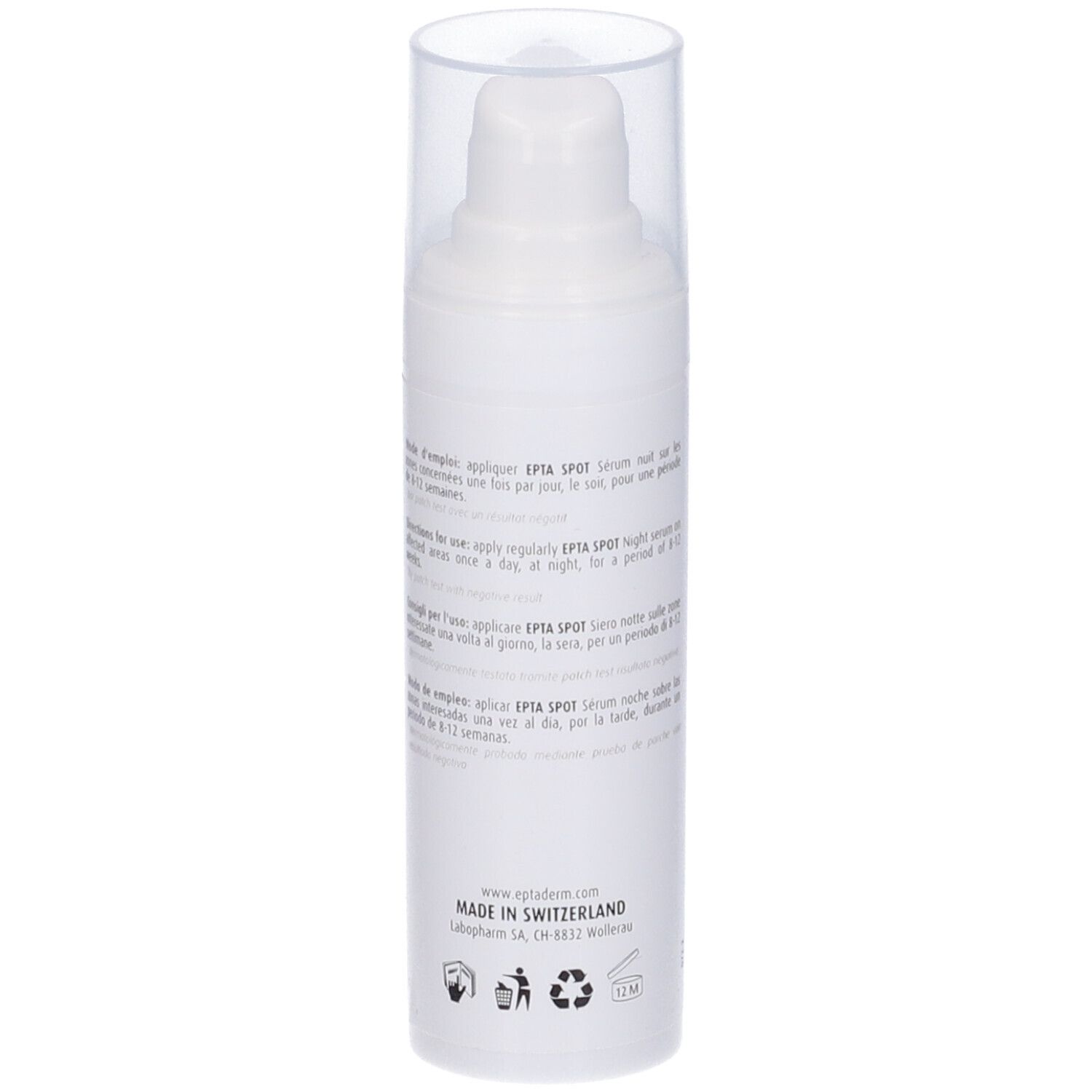 Weiße Flasche mit Pumpe und durchsichtiger Kappe. Text: Eptaderm, Epta Spot, Serum nuit, Depigmentant. 30 ml.