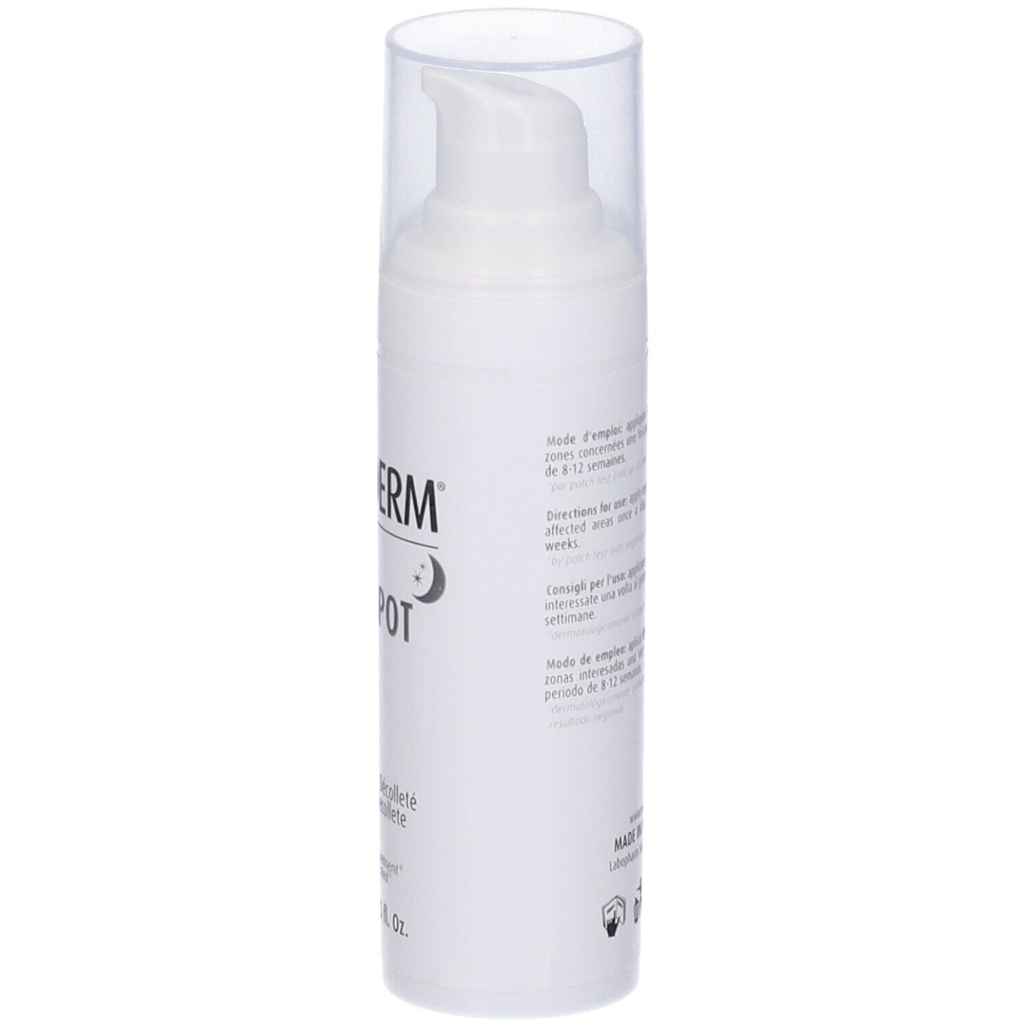 Weiße Flasche mit Pumpe und durchsichtiger Kappe. Text: Eptaderm, Epta Spot, Serum nuit, Depigmentant. 30 ml.