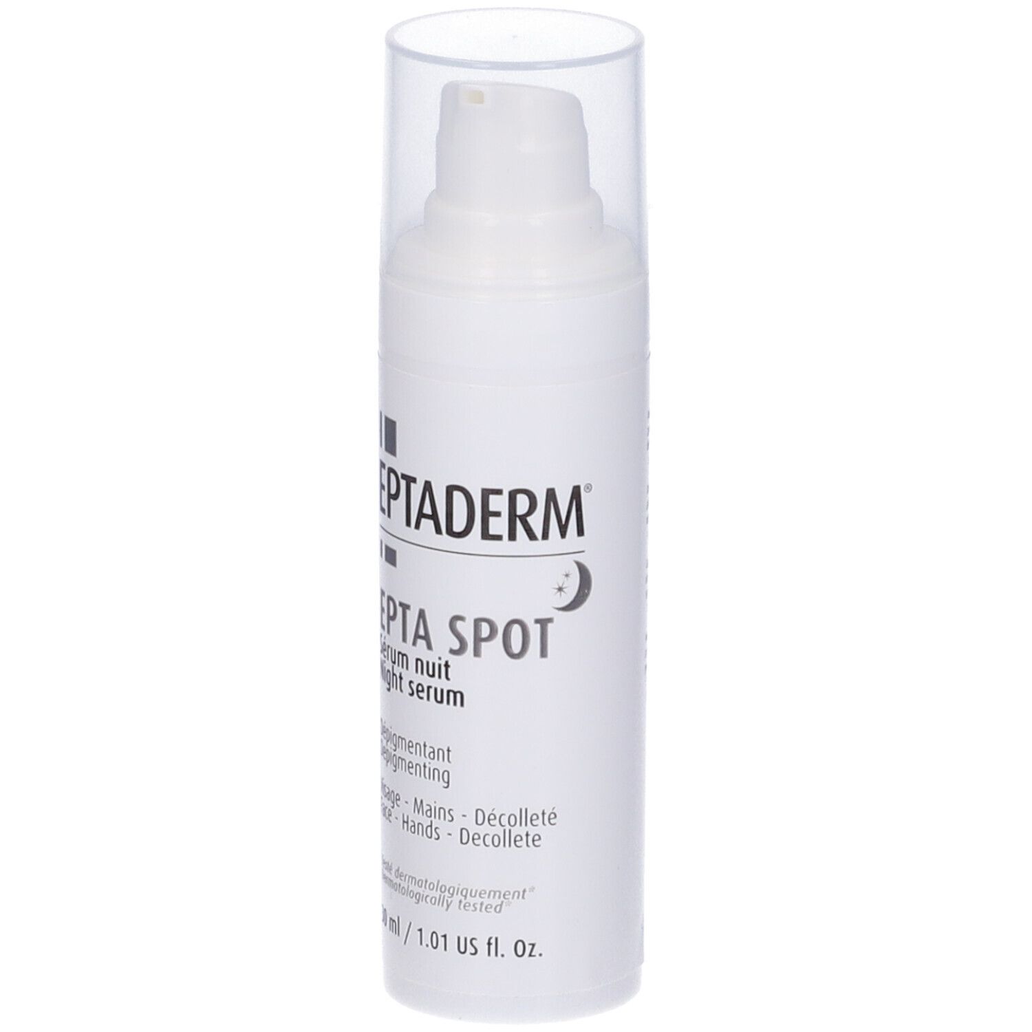Weiße Flasche mit Pumpe und durchsichtiger Kappe. Text: Eptaderm, Epta Spot, Serum nuit, Depigmentant. 30 ml.