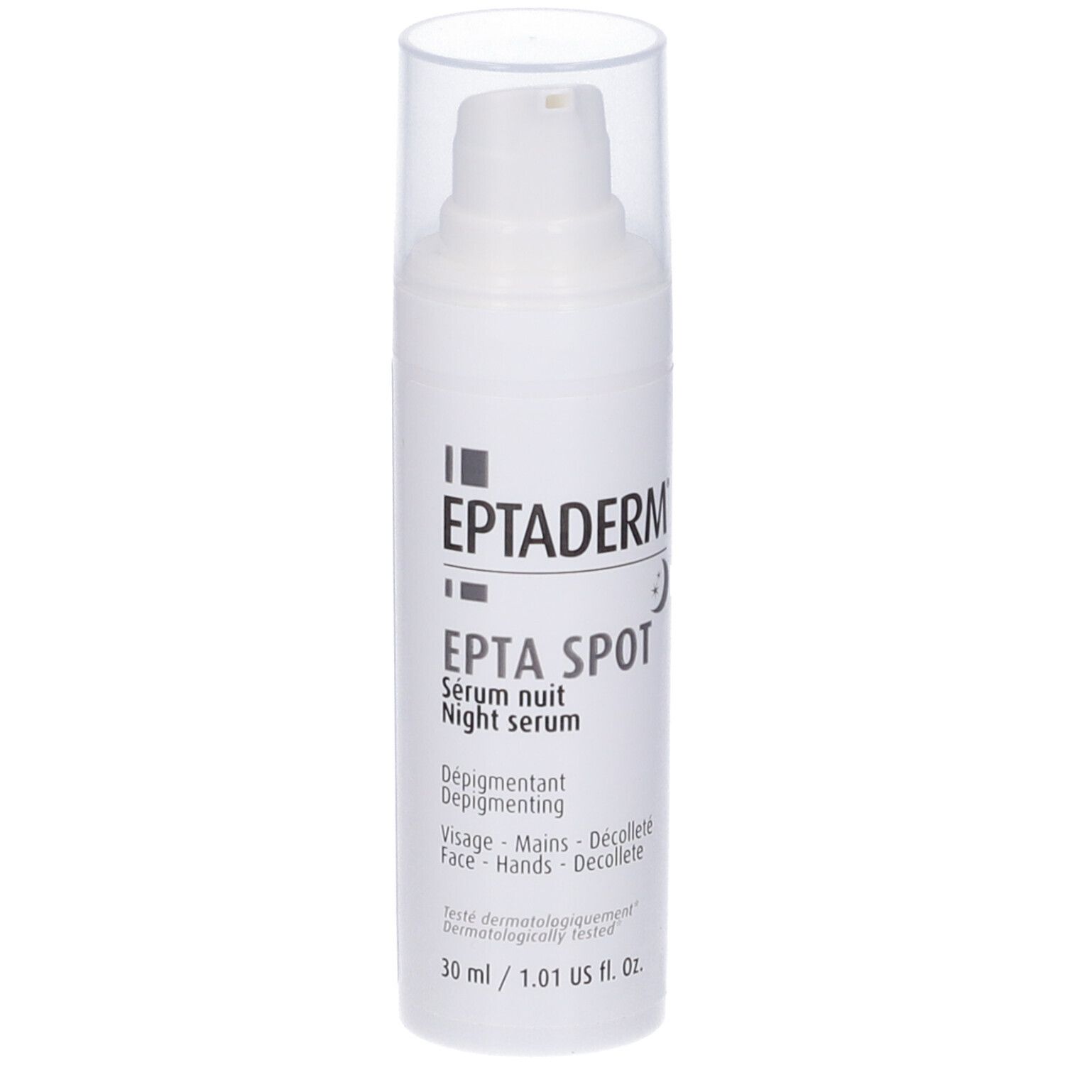 Weiße Flasche mit Pumpe und durchsichtiger Kappe. Text: Eptaderm, Epta Spot, Serum nuit, Depigmentant. 30 ml.