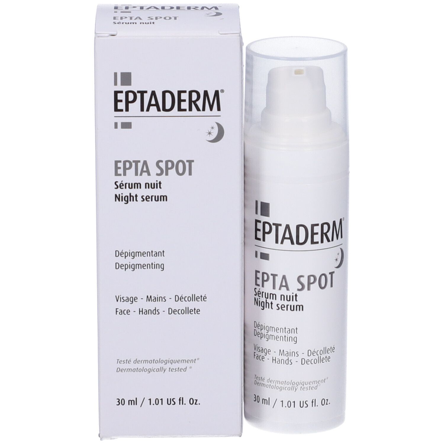 Produktverpackung und Flasche. Text: Eptaderm, Epta Spot, Serum nuit, Depigmentant. 30 ml. Dermatologisch getestet.