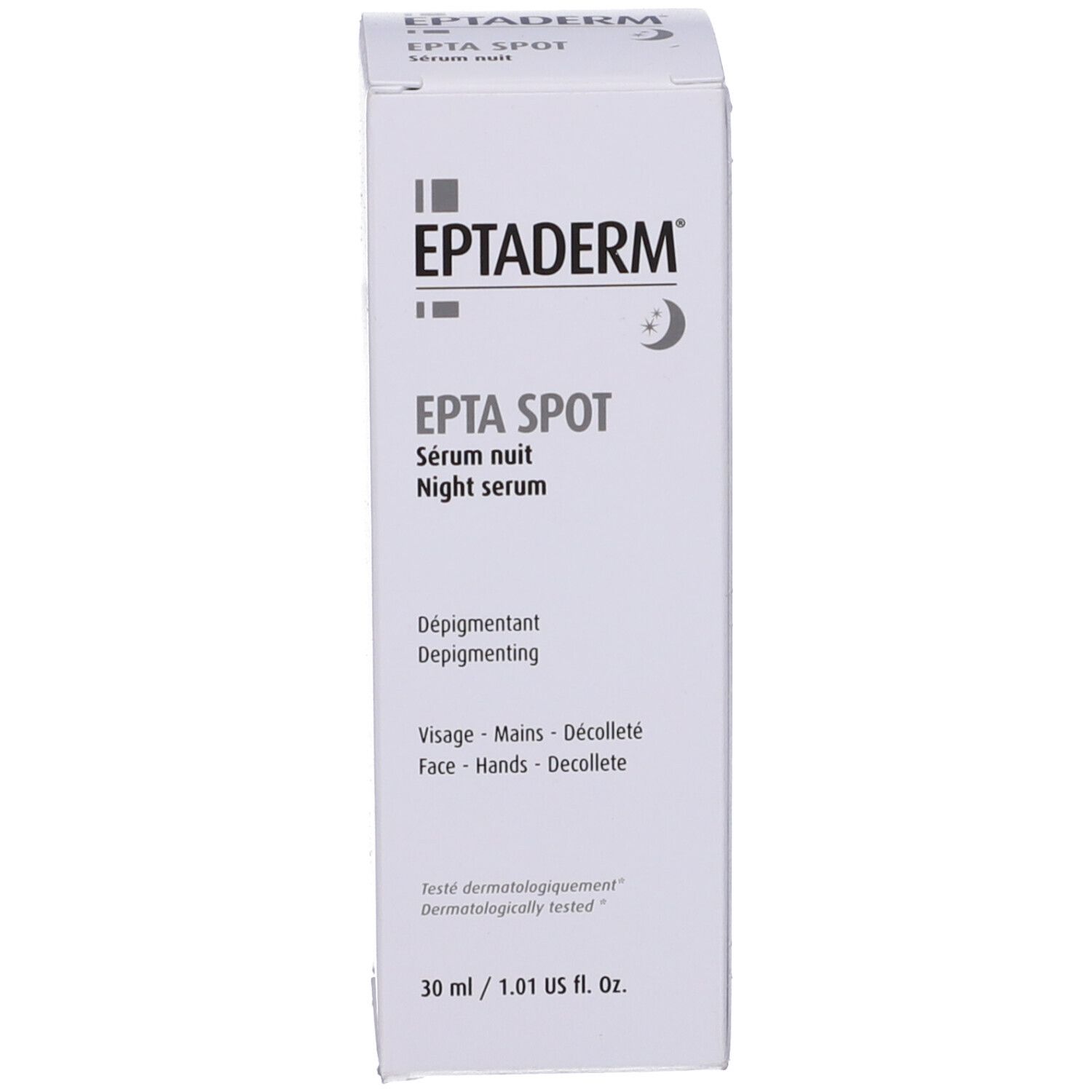 Produktverpackung. Text: Eptaderm, Epta Spot, Serum nuit, Depigmentant. 30 ml. Dermatologisch getestet.