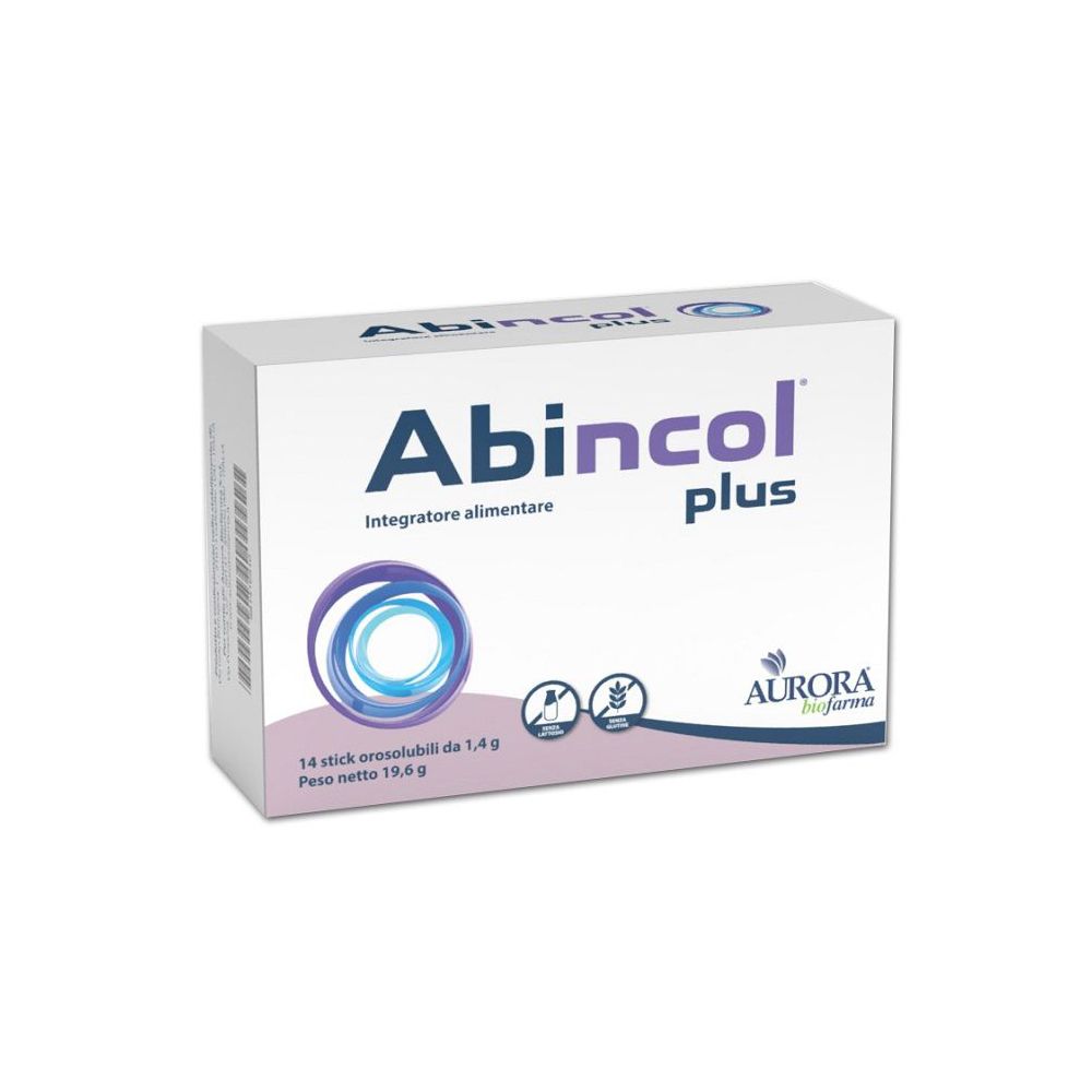 Scatola bianca con logo "Abincol plus". Contiene 14 stick. Marchio: Aurora biofarma. Scritta: "Integratore alimentare".