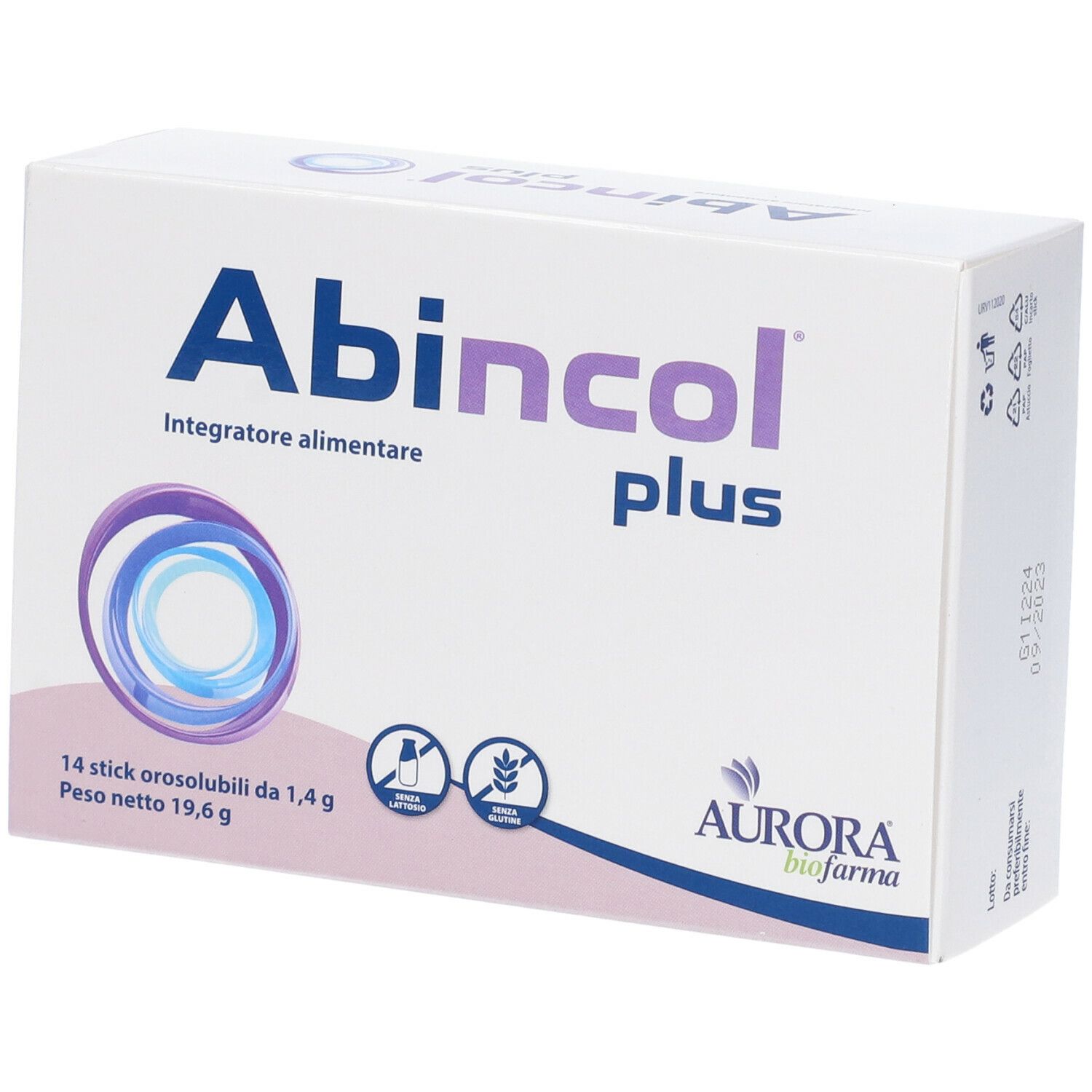 Scatola bianca con logo "Abincol plus". Contiene 14 stick. Marchio: Aurora biofarma. Scritta: "Integratore alimentare".