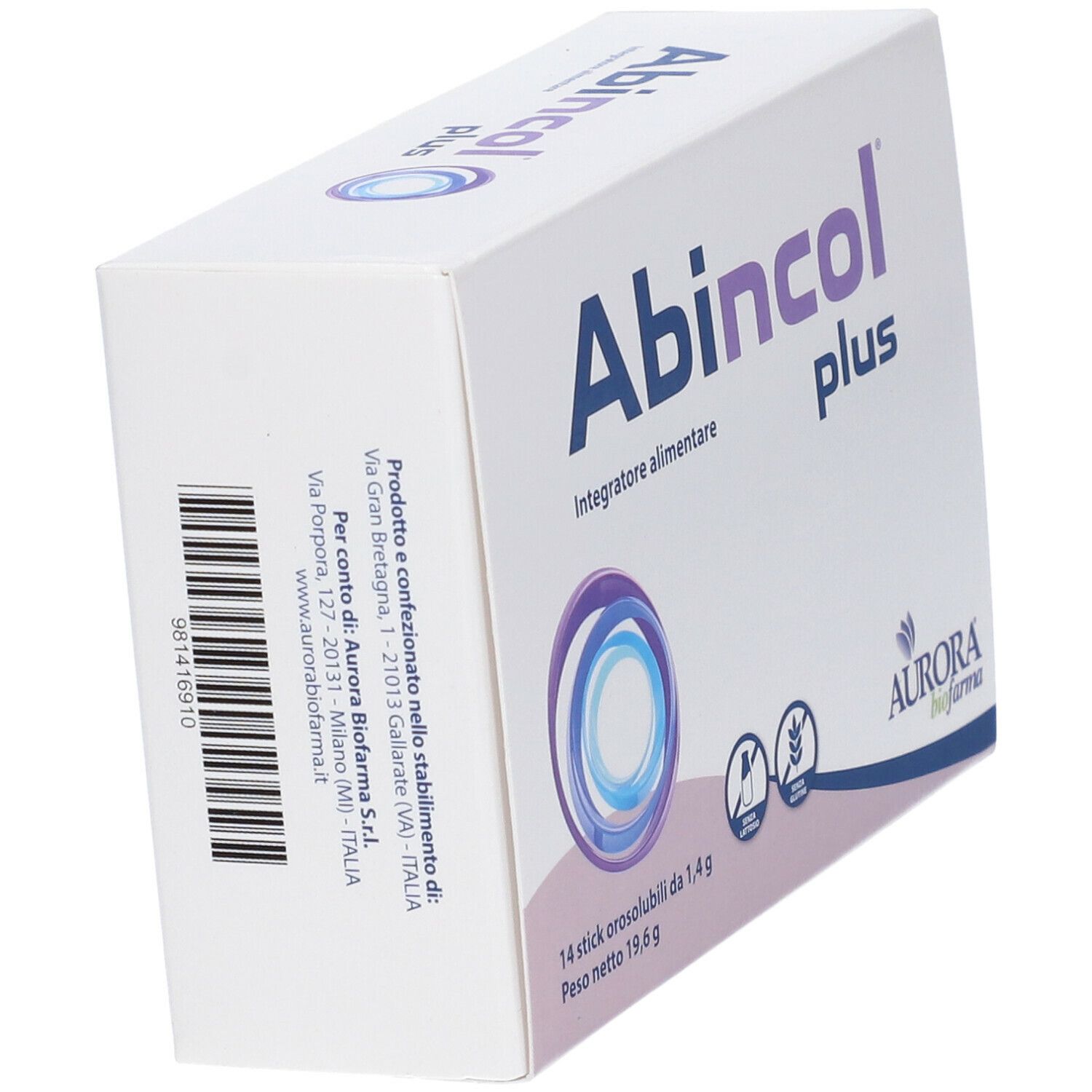 Scatola con logo "Abincol plus". Contiene 14 stick. Marchio: Aurora biofarma. Scritta: "Integratore alimentare". Vista prospettica.