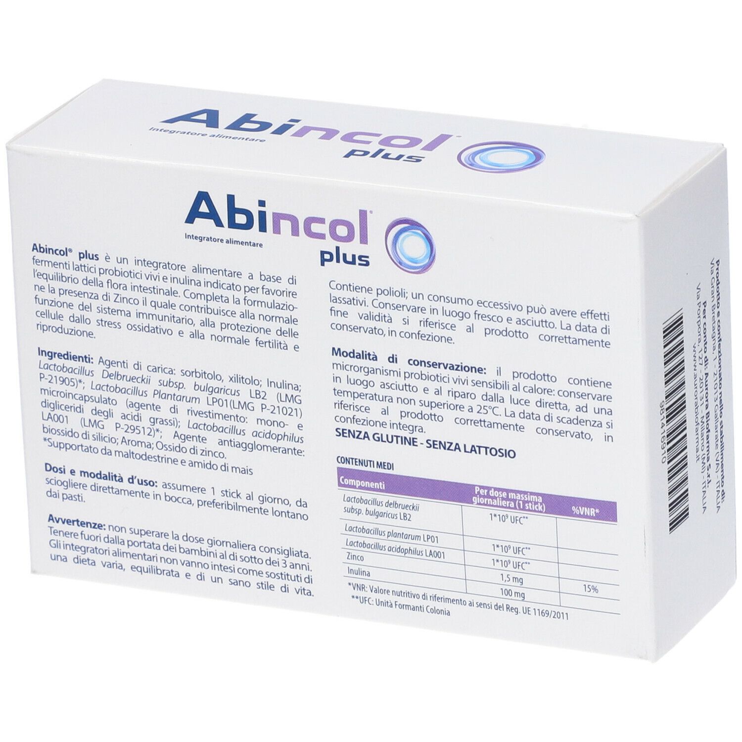 Retro della scatola "Abincol plus". Contiene informazioni su ingredienti, uso e conservazione. Testo in italiano.