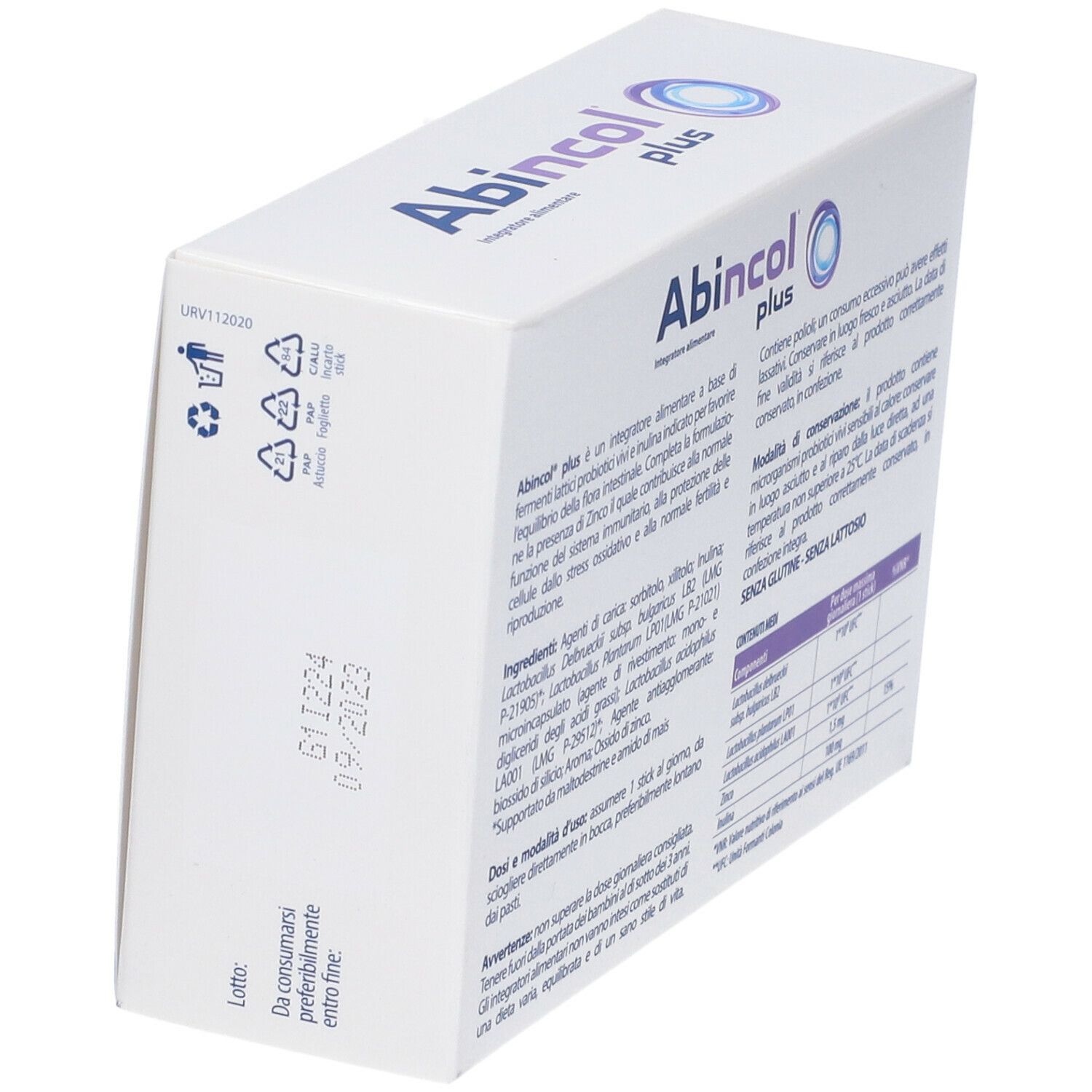 Vista prospettica della scatola "Abincol plus". Contiene informazioni su ingredienti, uso e conservazione. Testo in italiano.