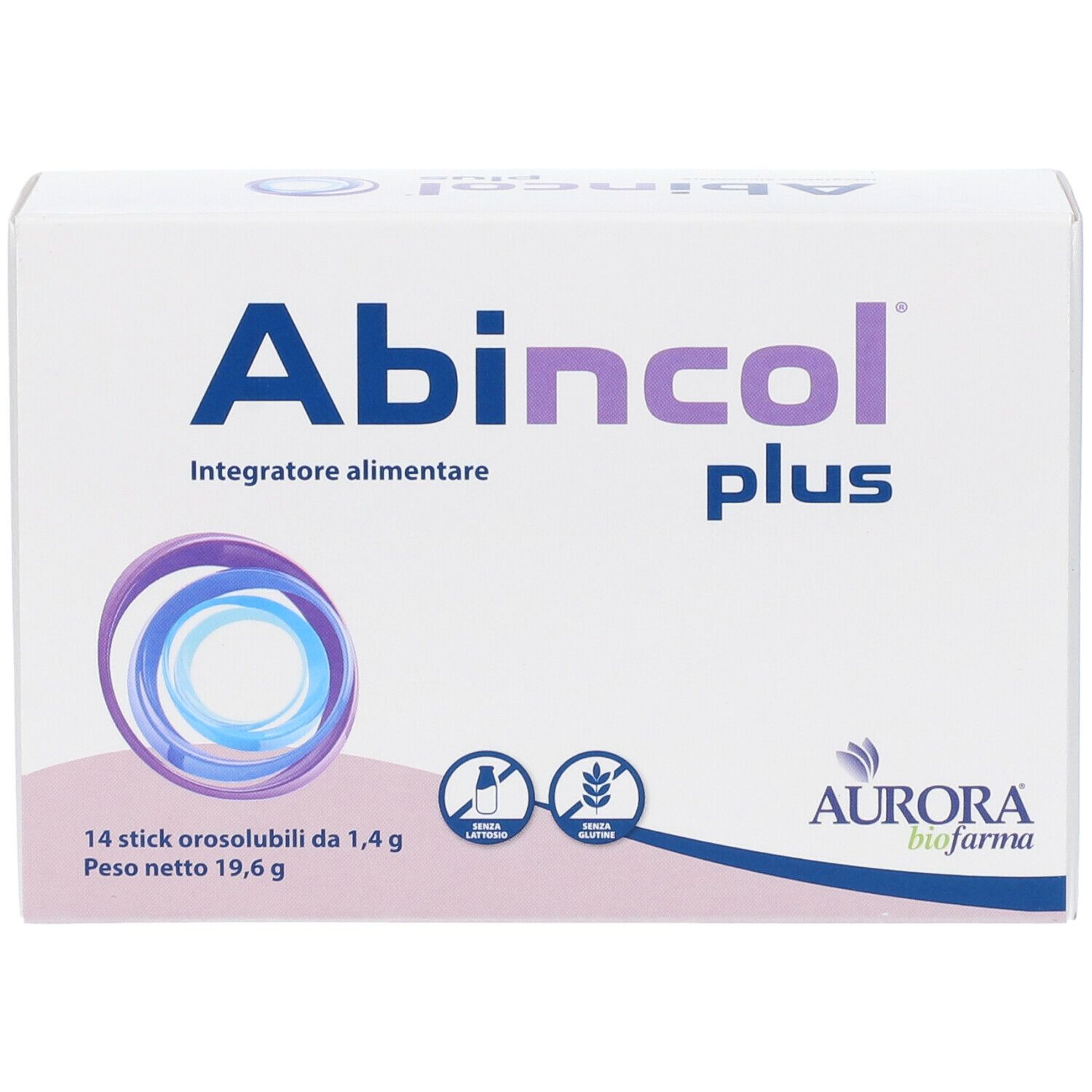 Scatola bianca con logo "Abincol plus". Contiene 14 stick. Marchio: Aurora biofarma. Scritta: "Integratore alimentare".