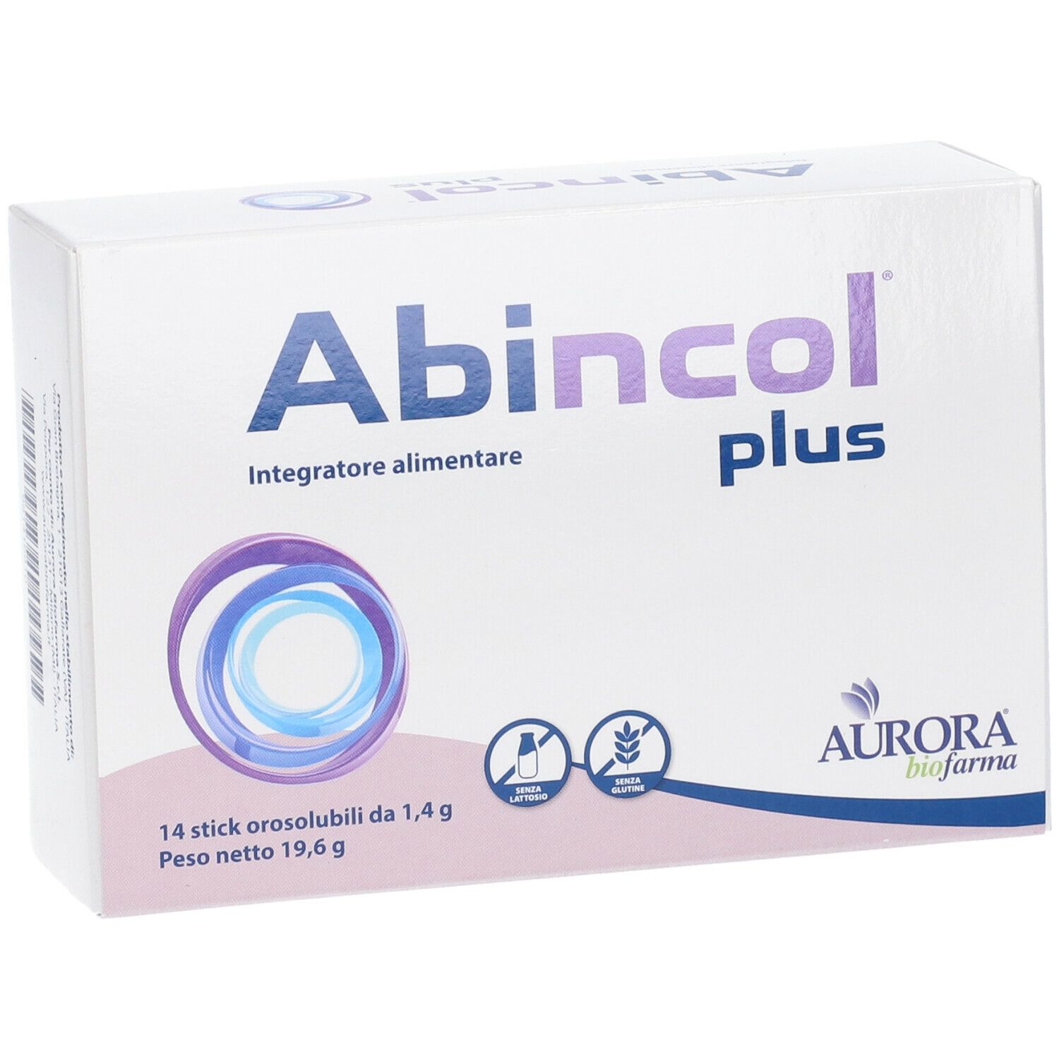 Scatola bianca con logo "Abincol plus". Contiene 14 stick. Marchio: Aurora biofarma. Scritta: "Integratore alimentare".