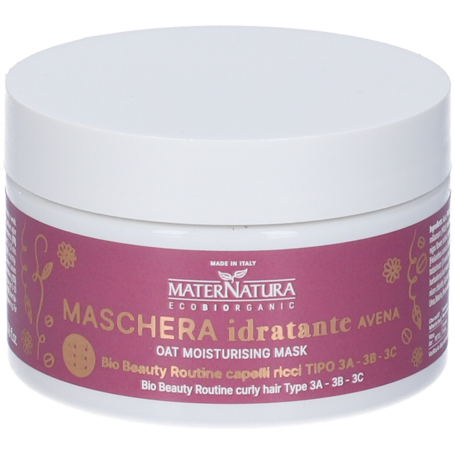 Vaso bianco con etichetta viola. Scritta: Maschera Idratante Avena. Marchio: Maternatura.
