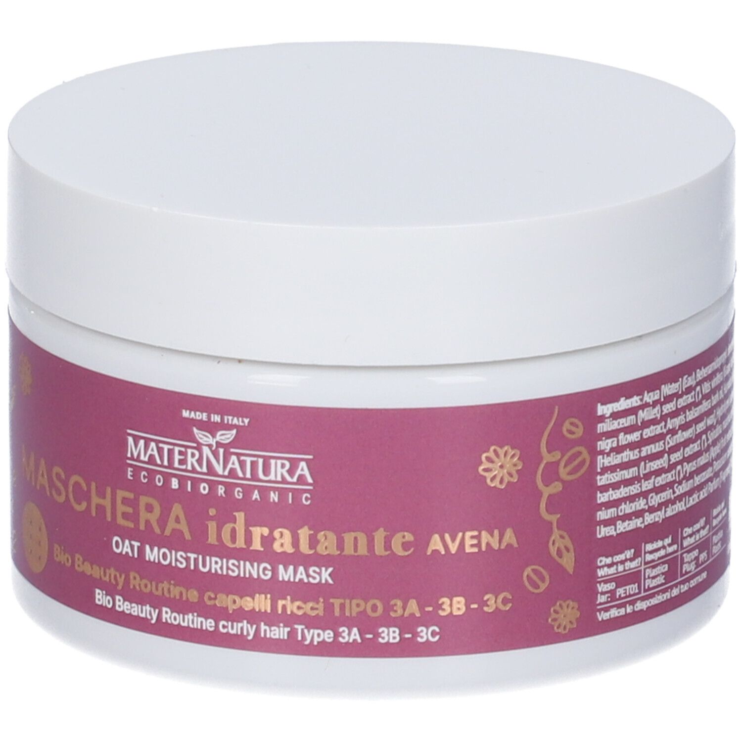 Vaso bianco con etichetta viola. Scritta: Maschera Idratante Avena. Marchio: Maternatura. Ingredienti.