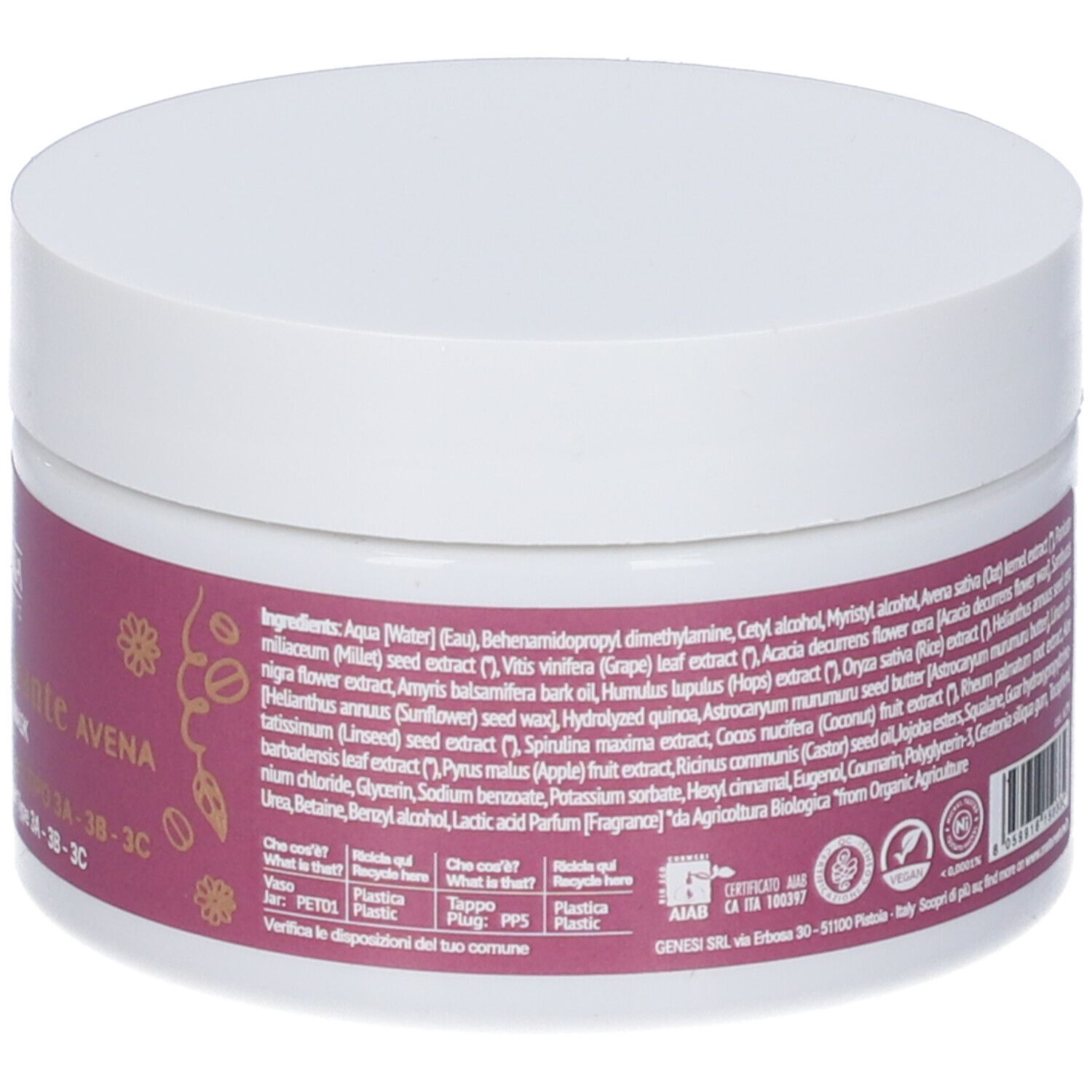 Vaso bianco con etichetta viola. Testo: ingredienti, informazioni sul riciclo. Marchio: Maternatura.