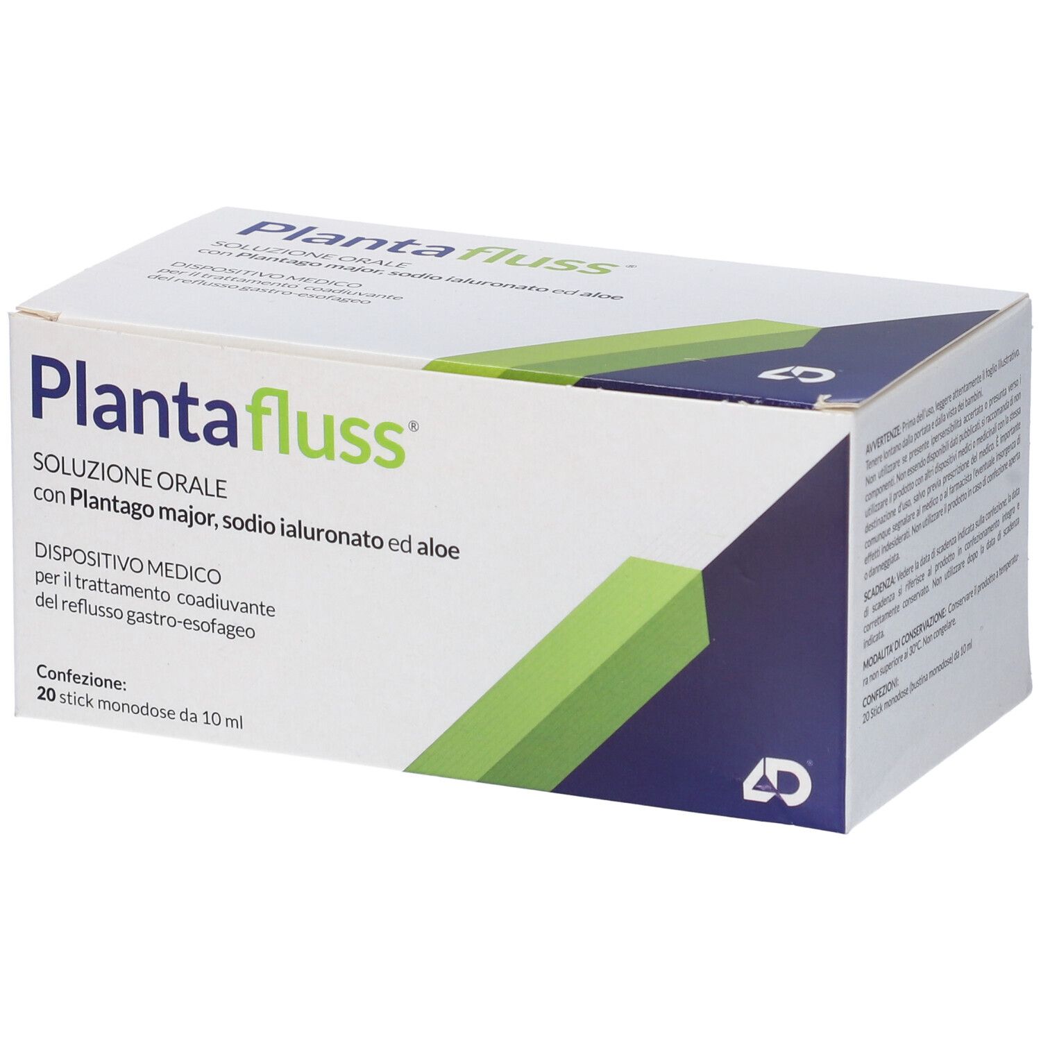 Confezione di Plantafluss. Bianca, design verde. Testo: Plantafluss, soluzione orale, 20 stick monodose.