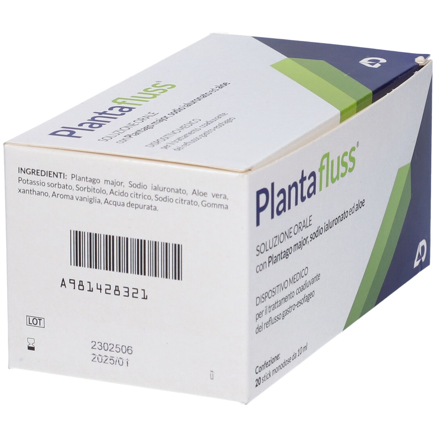 Confezione di Plantafluss. Bianca, design verde. Testo: Plantafluss, ingredienti, numero di lotto, data di scadenza.