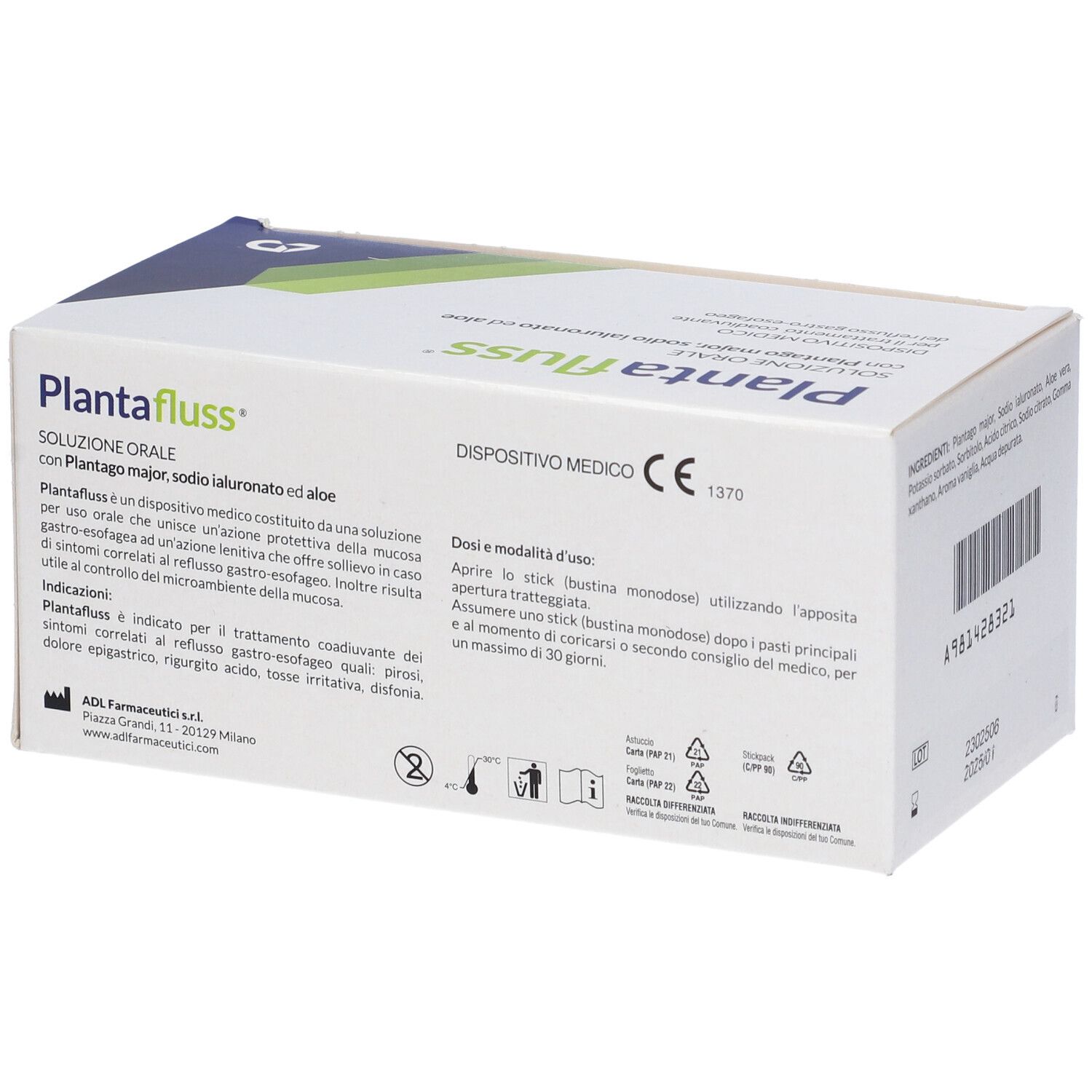 Confezione di Plantafluss. Bianca, design verde. Testo: Plantafluss, istruzioni per l'uso, marchio CE.