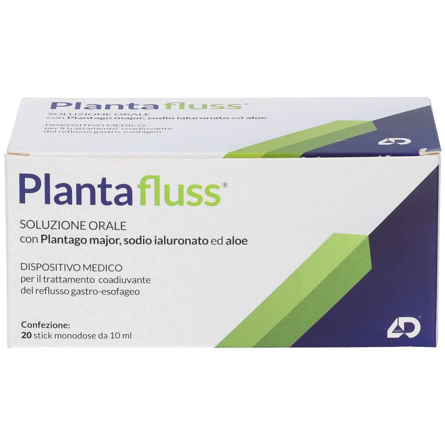 Confezione di Plantafluss. Bianca, design verde. Testo: Plantafluss, soluzione orale, 20 stick monodose.