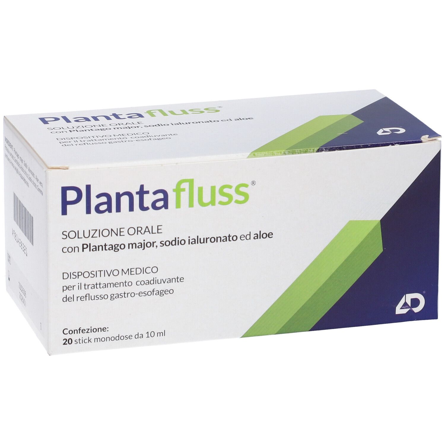 Confezione di Plantafluss. Bianca, design verde. Testo: Plantafluss, soluzione orale, 20 stick monodose.