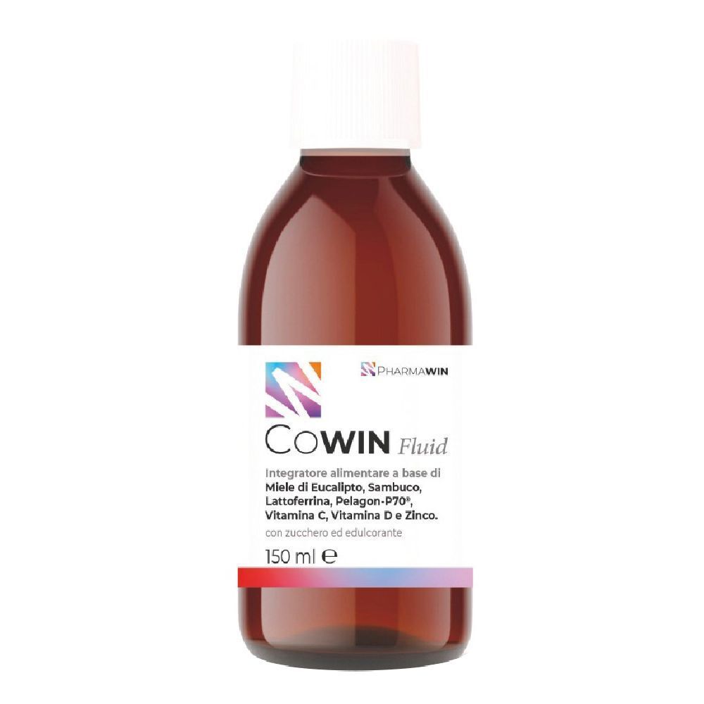 Flacone marrone con tappo bianco. Etichetta con nome del prodotto e ingredienti. Marca: PharmaWin. 150 ml.