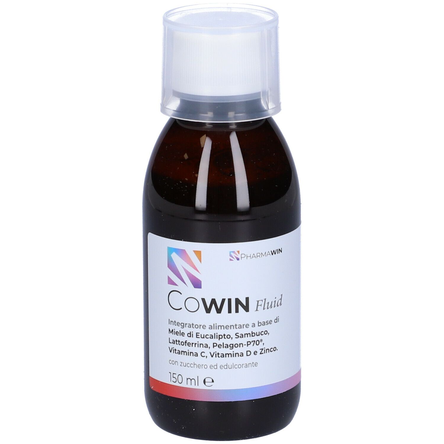 Flacone marrone con tappo bianco. Etichetta con nome del prodotto e ingredienti. Marca: PharmaWin. 150 ml.