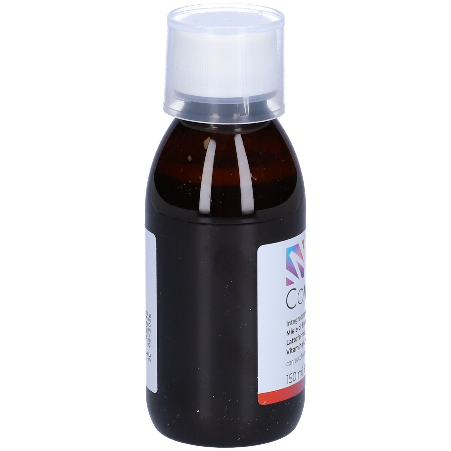 Flacone marrone con tappo bianco. Etichetta con nome del prodotto e ingredienti. Marca: PharmaWin. 150 ml.