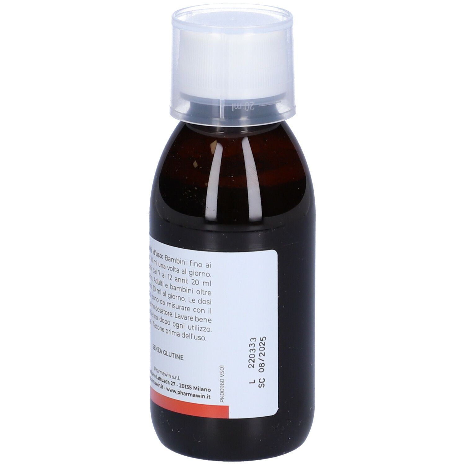 Flacone marrone con tappo bianco. Etichetta con nome del prodotto e ingredienti. Marca: PharmaWin. 150 ml.