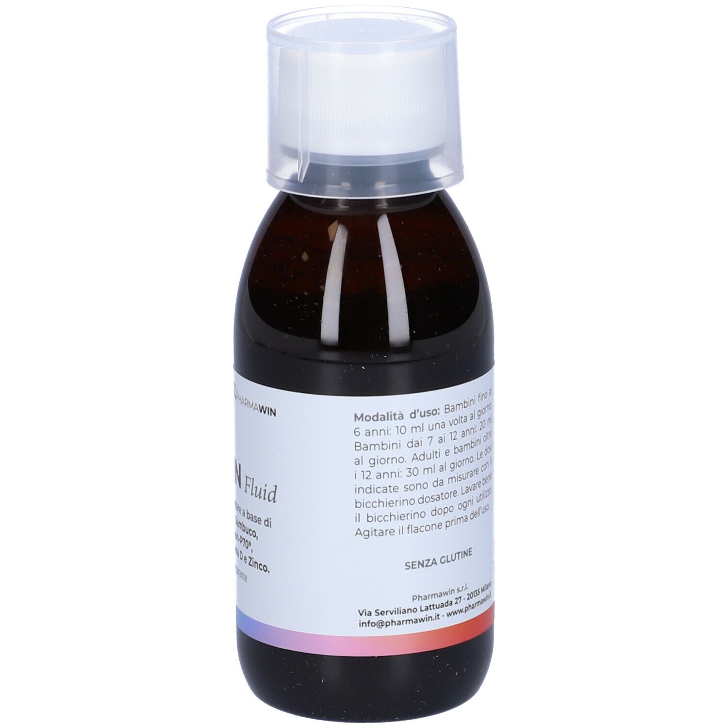 Flacone marrone con tappo bianco. Etichetta con nome del prodotto e ingredienti. Marca: PharmaWin. 150 ml.