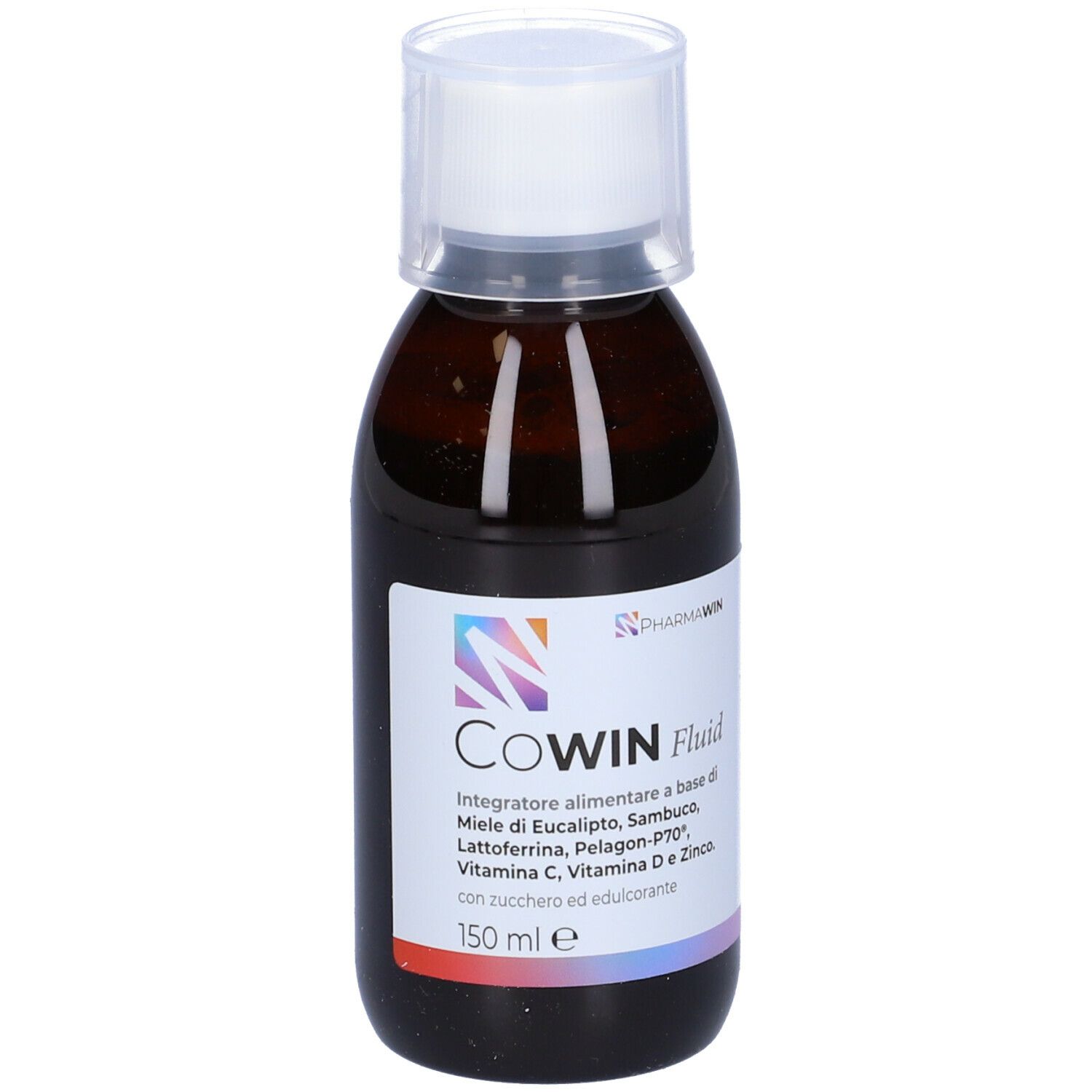 Flacone marrone con tappo bianco. Etichetta con nome del prodotto e ingredienti. Marca: PharmaWin. 150 ml.