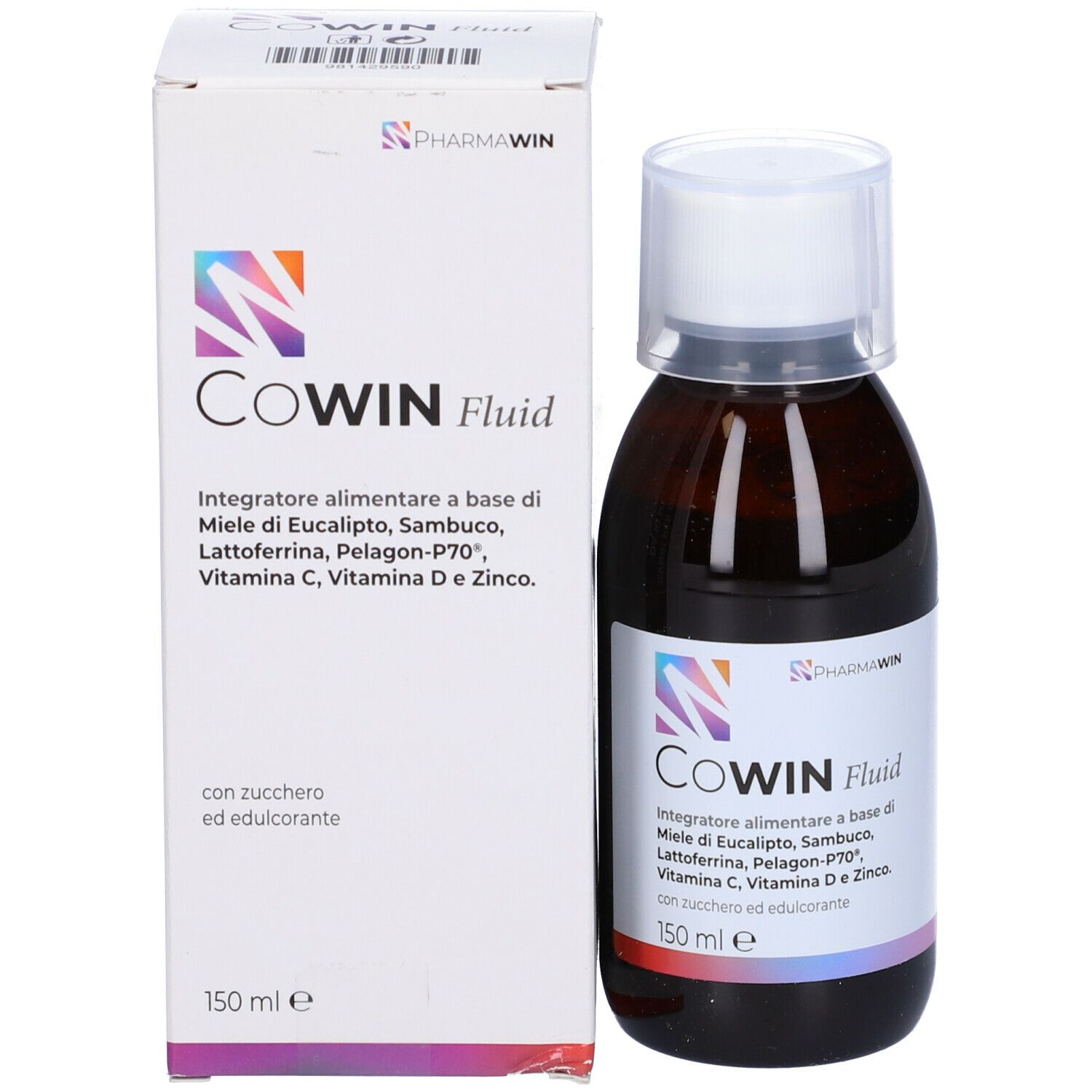 Flacone marrone e confezione. Nome del prodotto e ingredienti sull'etichetta. Marca: PharmaWin. 150 ml.