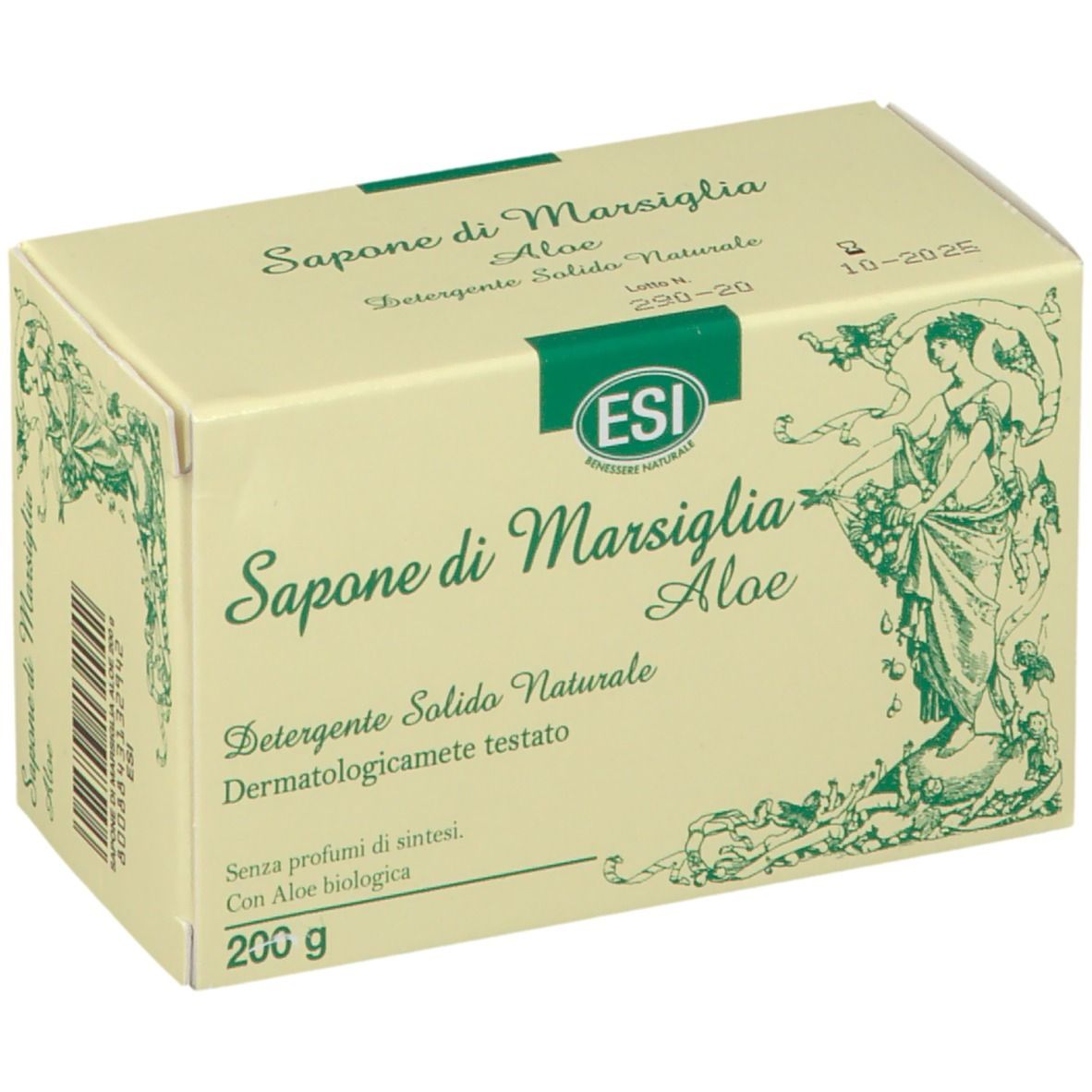 Scatola "Sapone di Marsiglia Aloe". Confezione verde e bianca con informazioni e logo ESI. 200g.
