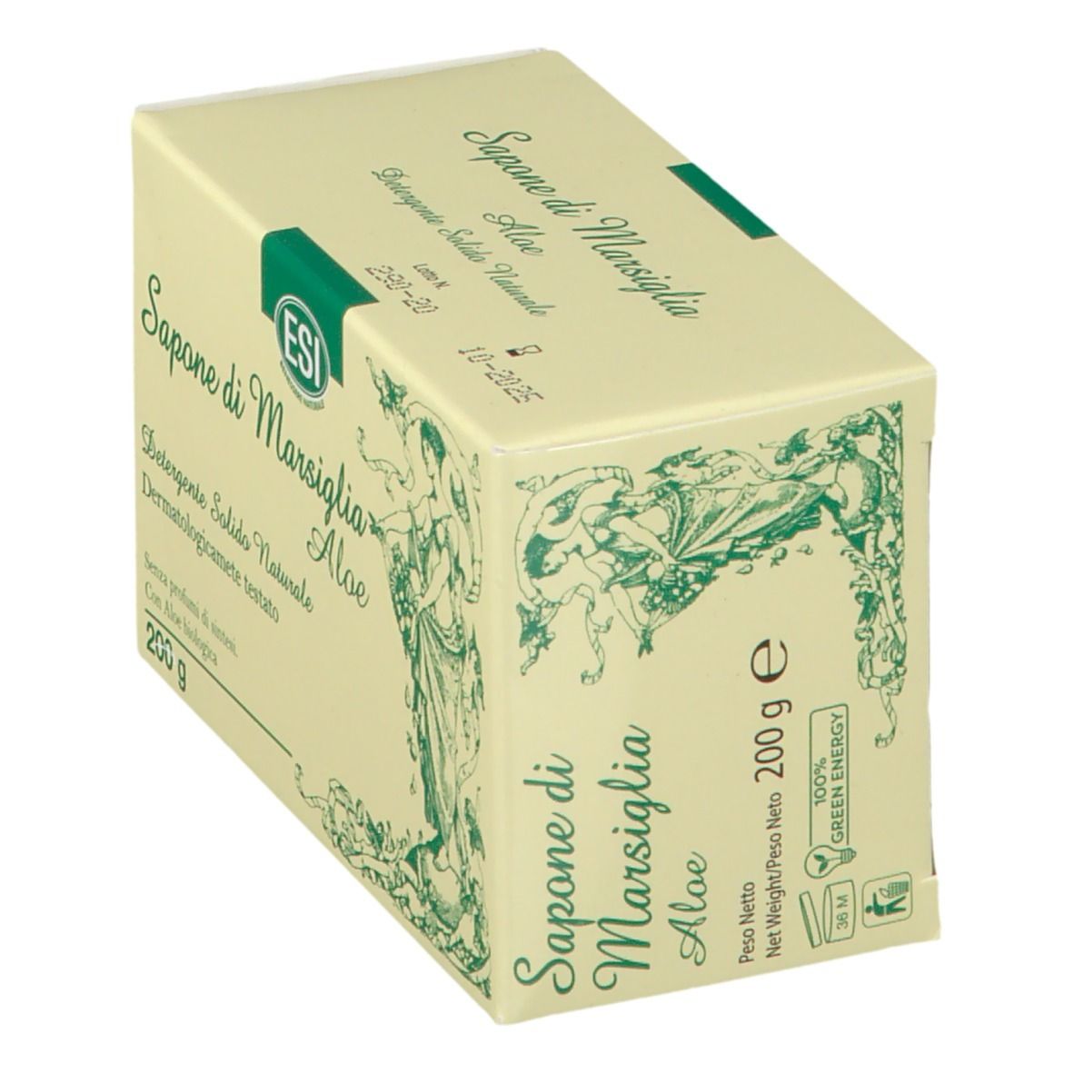 Scatola "Sapone di Marsiglia Aloe" angolata. Confezione verde e bianca con logo e informazioni.