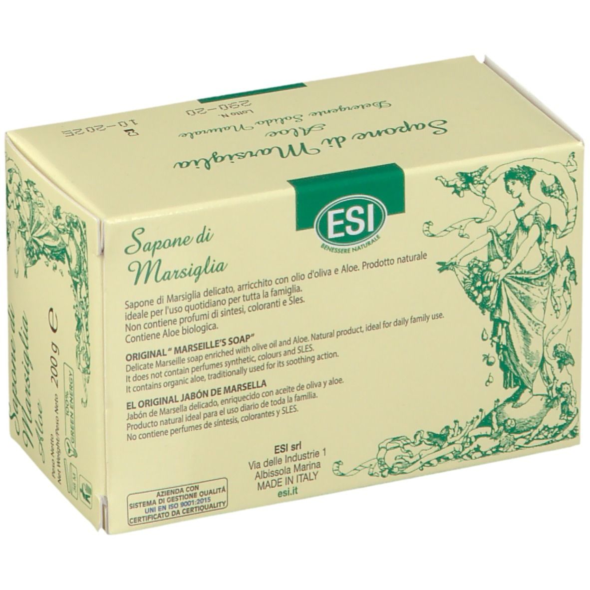 Scatola "Sapone di Marsiglia Aloe". Descrizione prodotto e logo ESI. Testo in italiano e inglese.