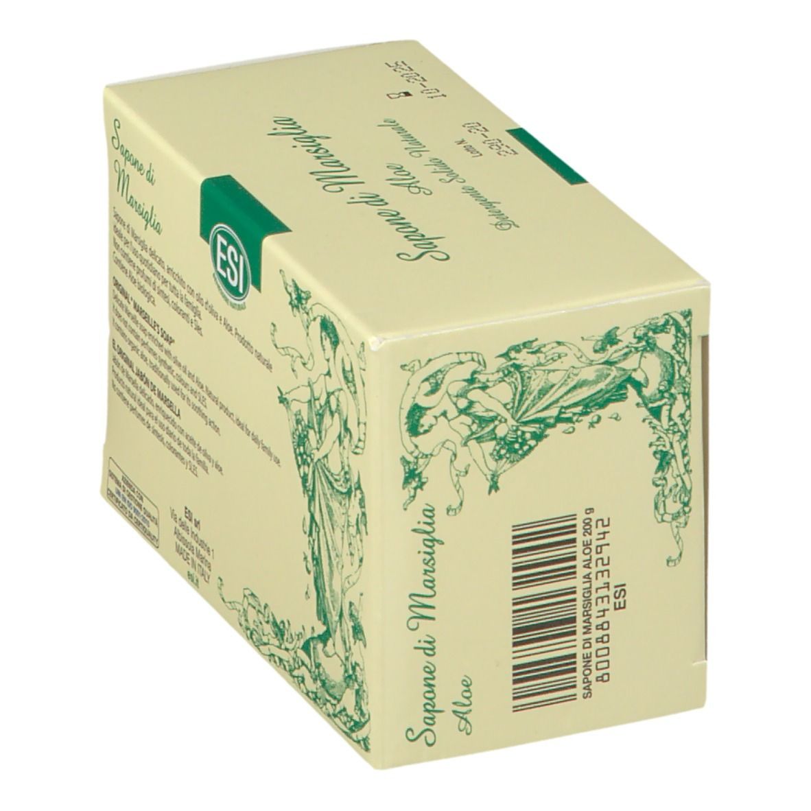 Scatola "Sapone di Marsiglia Aloe" angolata. Confezione verde e bianca con logo e informazioni.
