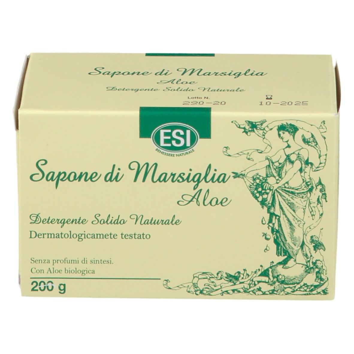 Scatola "Sapone di Marsiglia Aloe". Confezione verde e bianca con informazioni e logo ESI. 200g.