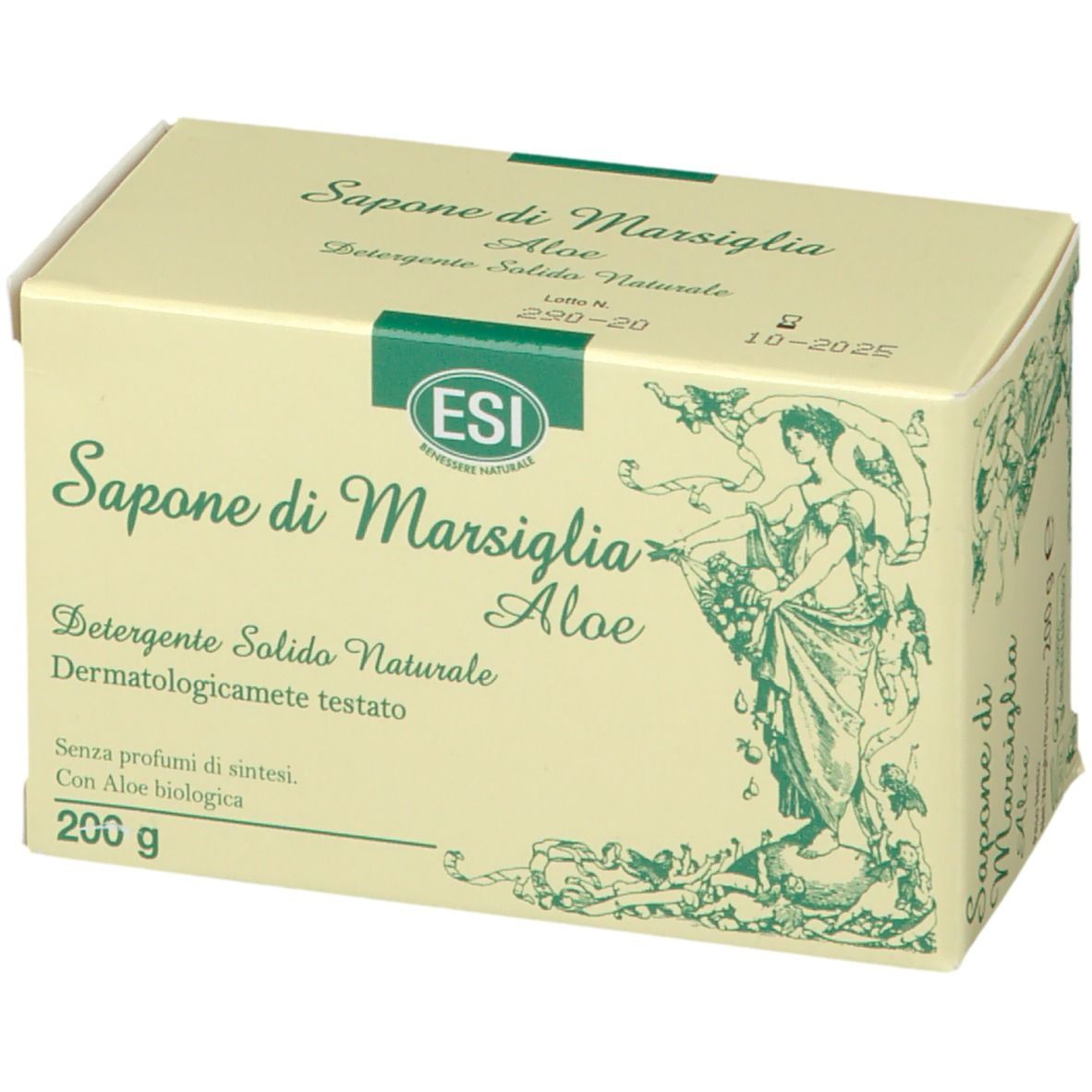 Scatola "Sapone di Marsiglia Aloe". Confezione verde e bianca con informazioni e logo ESI. 200g.