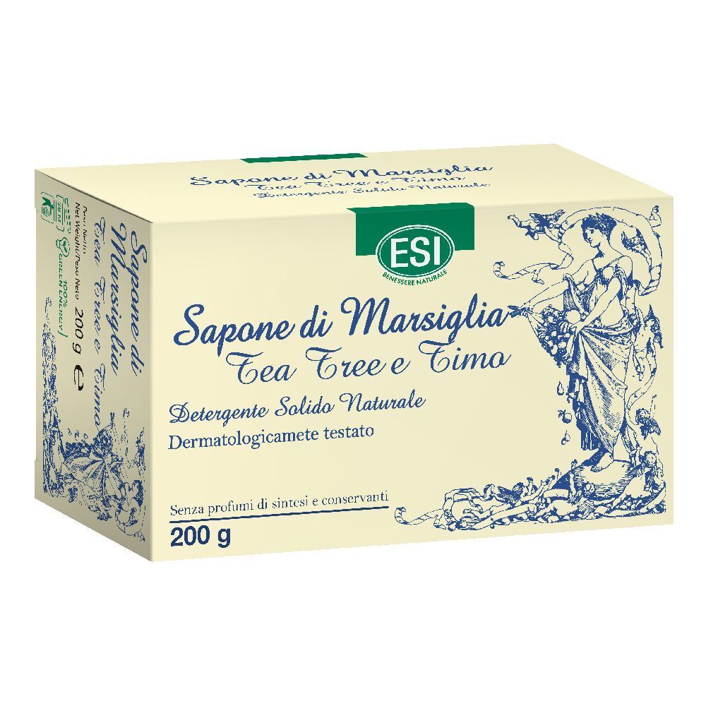 Karton mit Seife. Aufschrift: Sapone di Marsiglia Tea Tree e Timo. Marke ESI. 200 g.