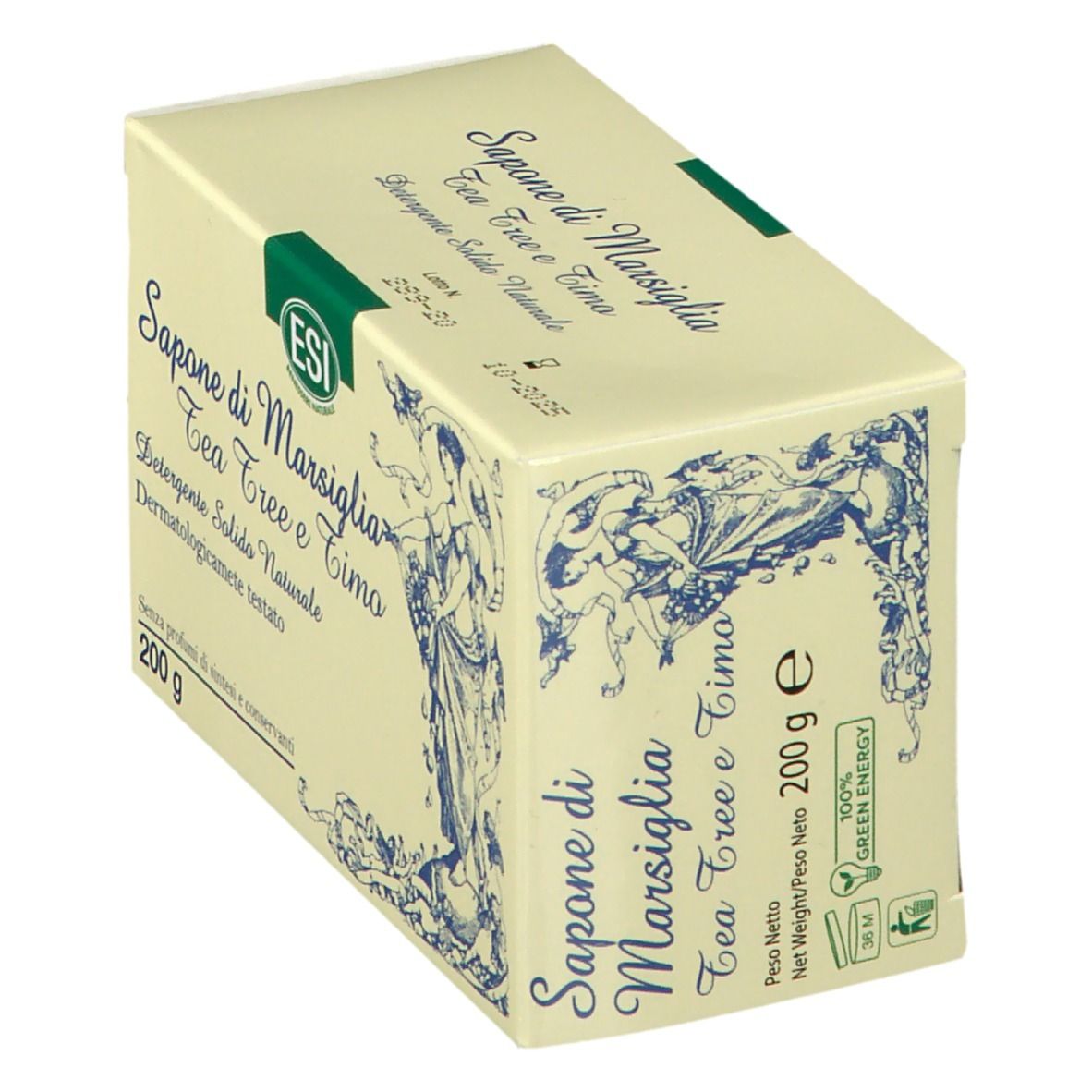 Karton mit Seife. Aufschrift: Sapone di Marsiglia Tea Tree e Timo. Marke ESI. 200 g.